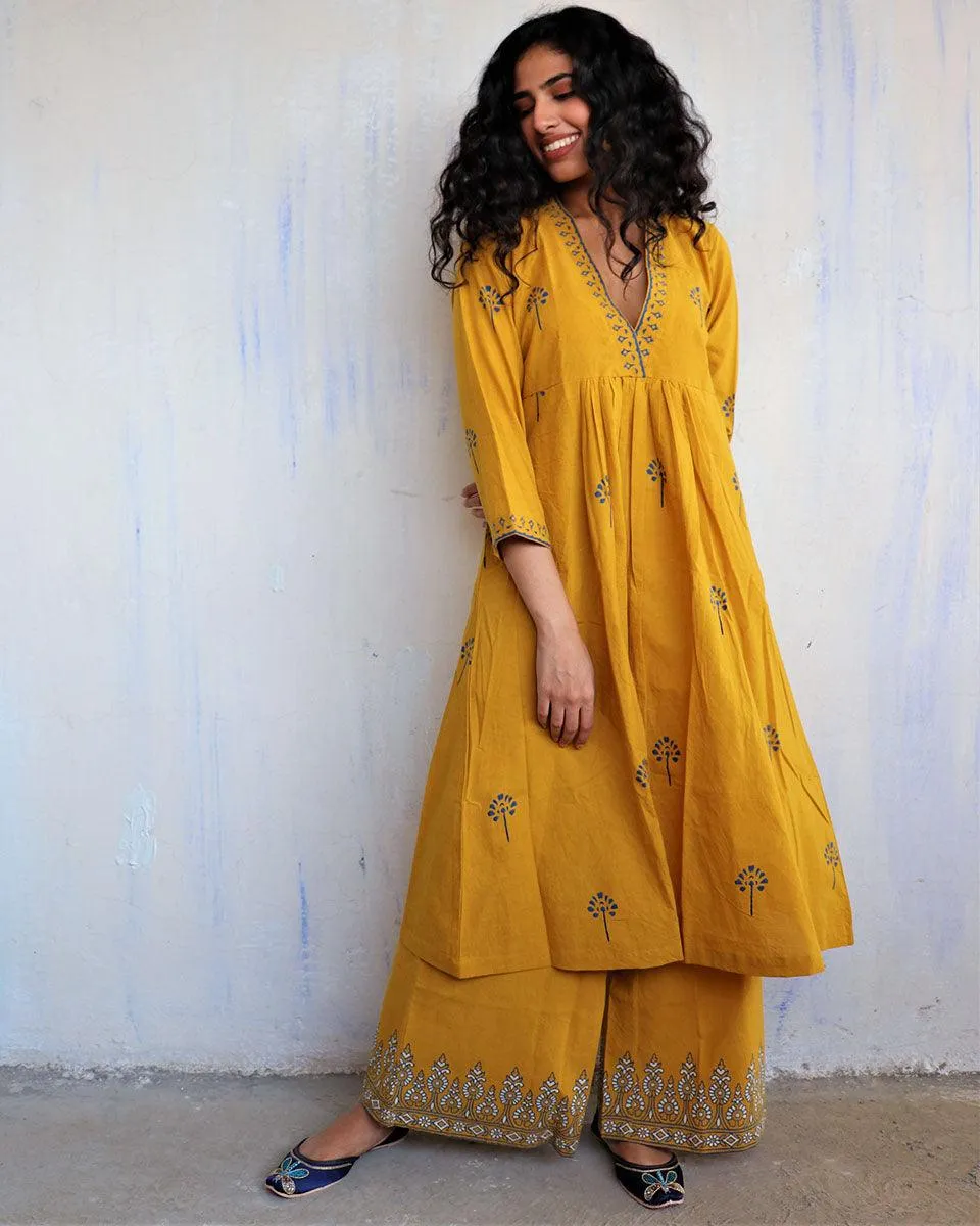 Mustard Block Printed Cotton Kurta Set Of 2 -Easy