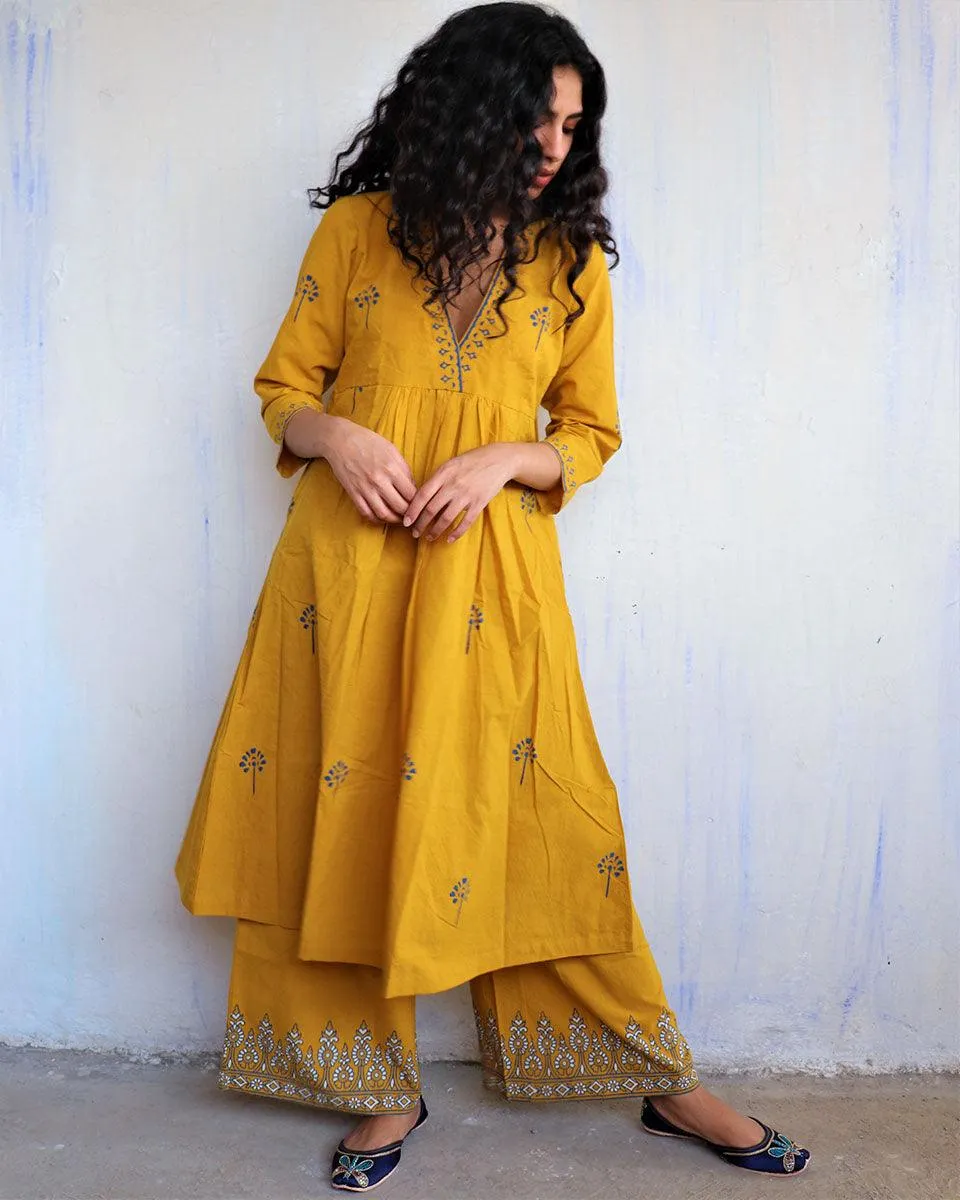 Mustard Block Printed Cotton Kurta Set Of 2 -Easy