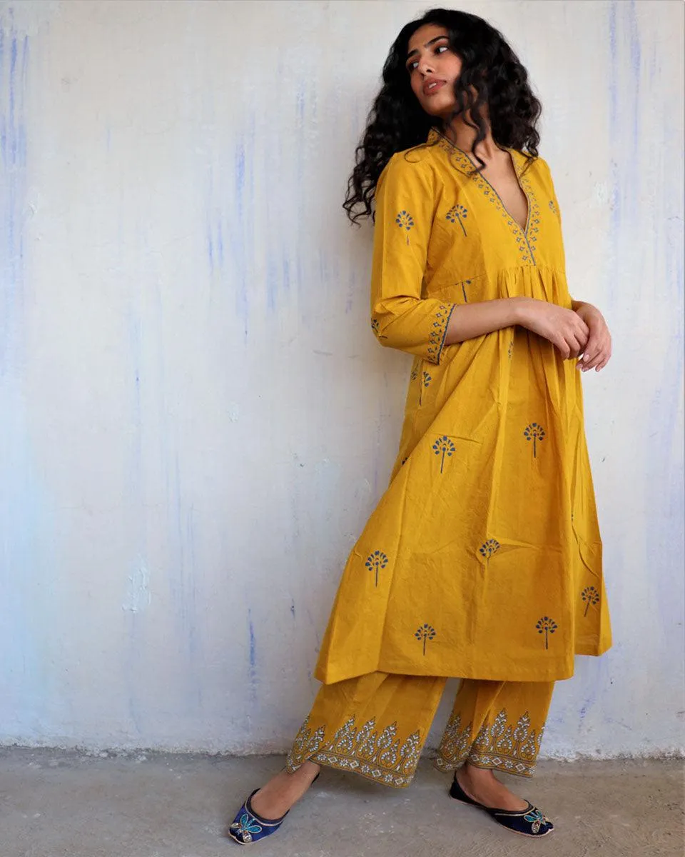 Mustard Block Printed Cotton Kurta Set Of 2 -Easy