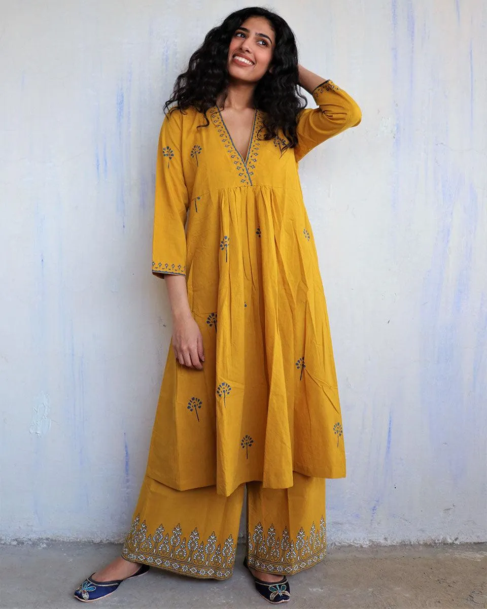 Mustard Block Printed Cotton Kurta Set Of 2 -Easy