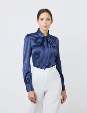 Navy Fitted Satin Blouse, Pussy Bow