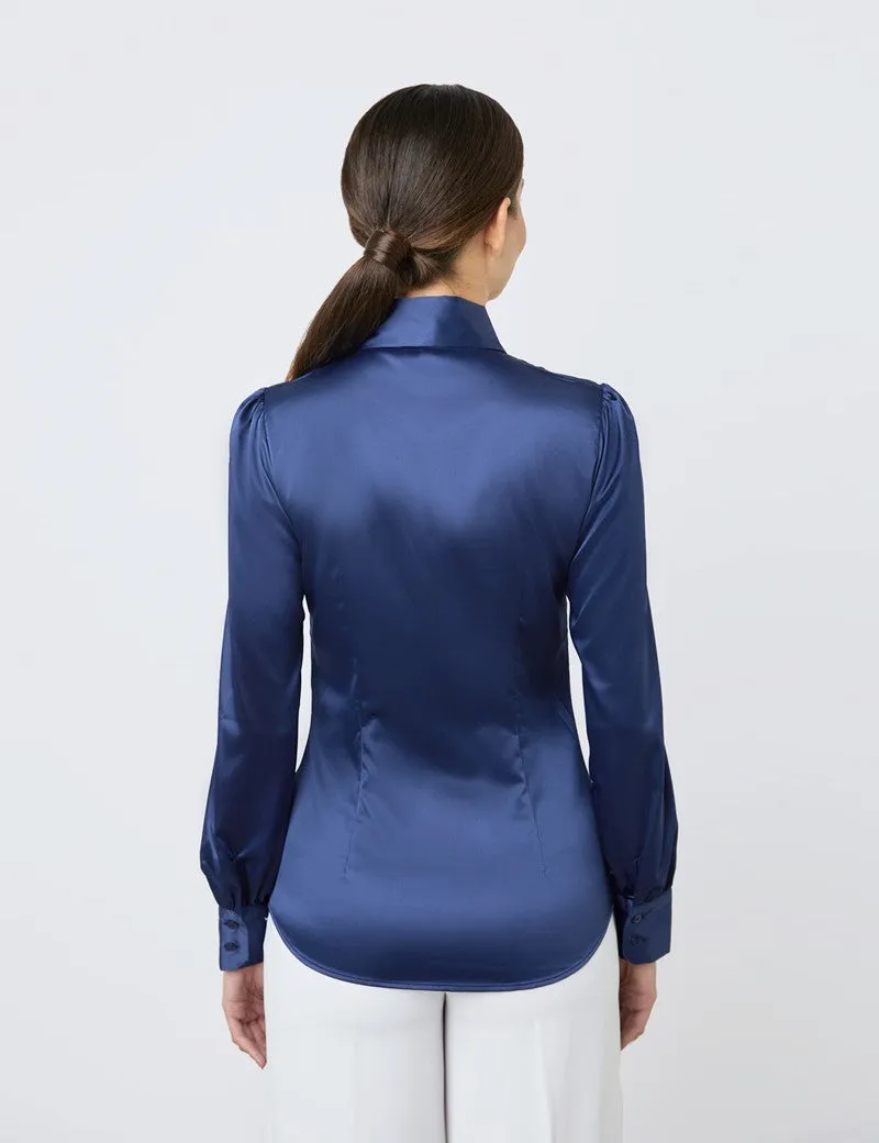 Navy Fitted Satin Blouse, Pussy Bow