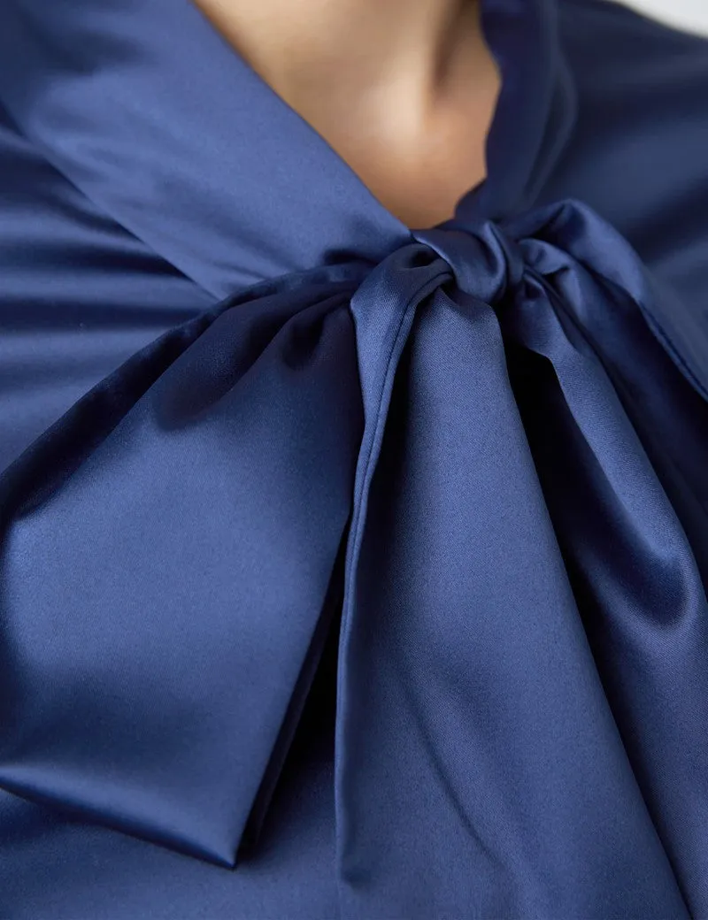 Navy Fitted Satin Blouse, Pussy Bow