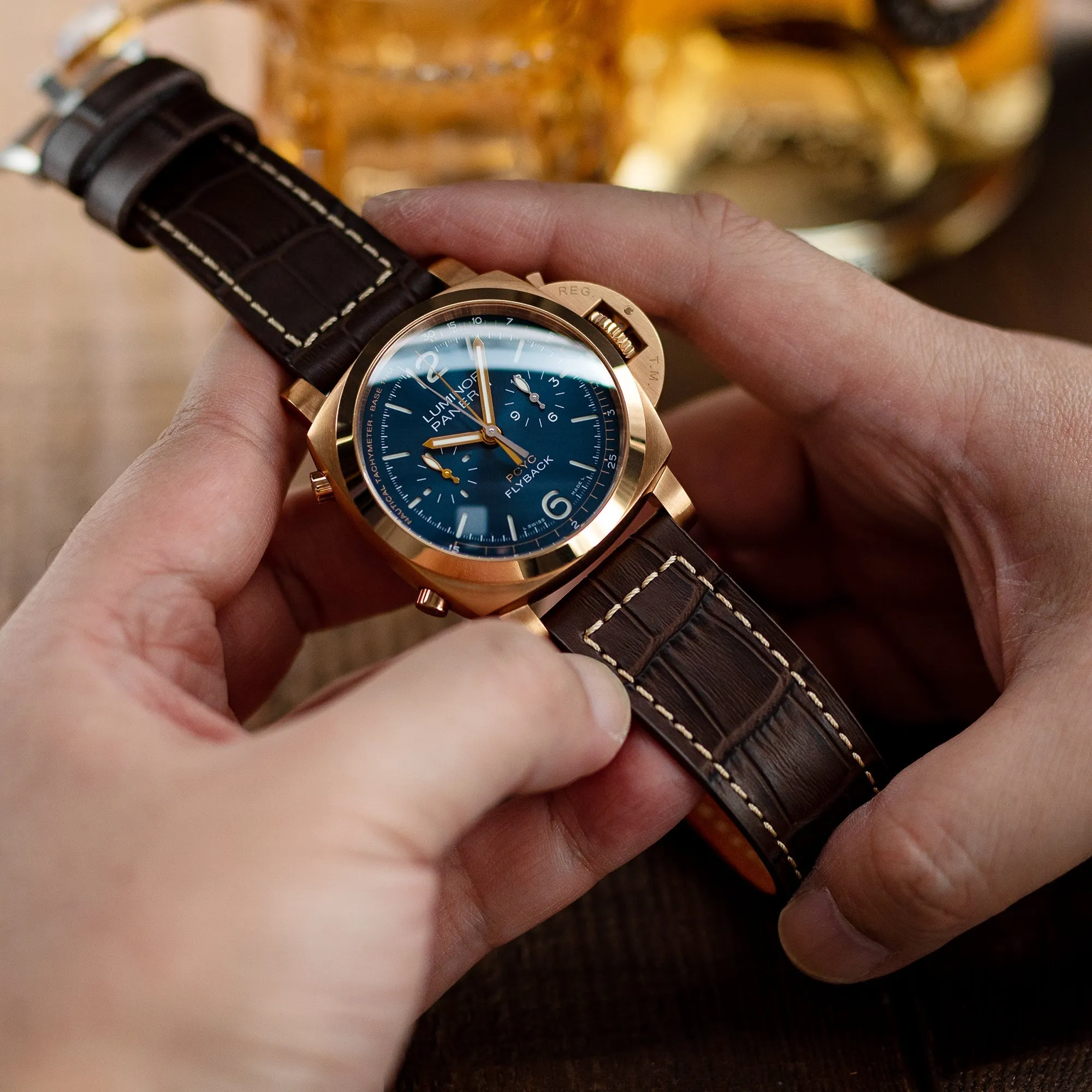 Pam Collection, Dark Brown Croco Grain Italian Leather Strap for Panerai, Beige Stitch.