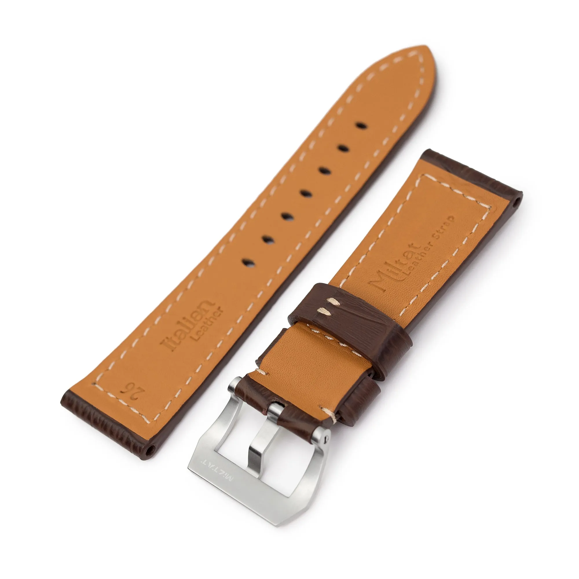 Pam Collection, Dark Brown Croco Grain Italian Leather Strap for Panerai, Beige Stitch.