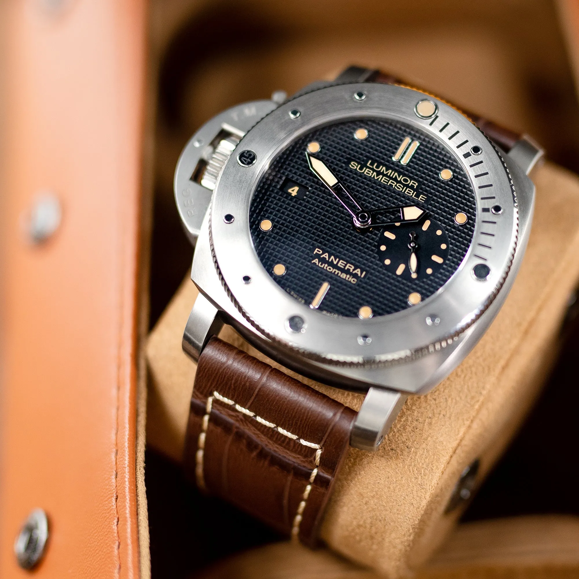 Pam Collection, Dark Brown Croco Grain Italian Leather Strap for Panerai, Beige Stitch.