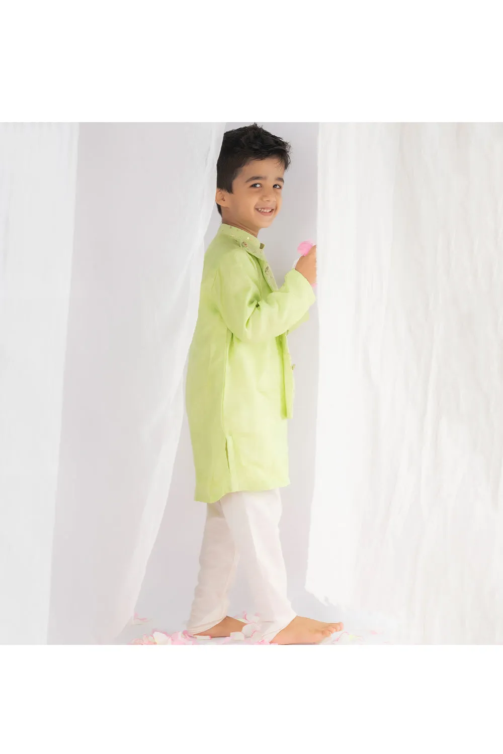 Pastel Green Sequins And Thread Embroidered Kurta With Churidar Set