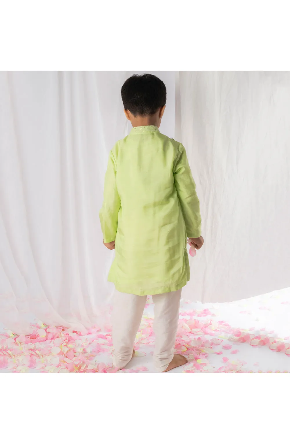 Pastel Green Sequins And Thread Embroidered Kurta With Churidar Set