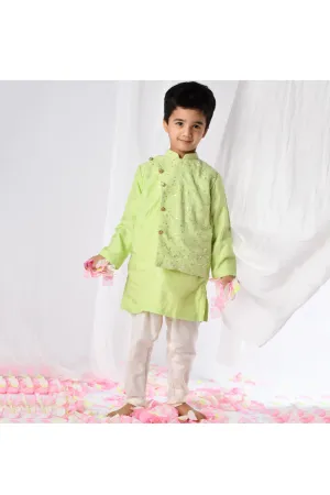 Pastel Green Sequins And Thread Embroidered Kurta With Churidar Set