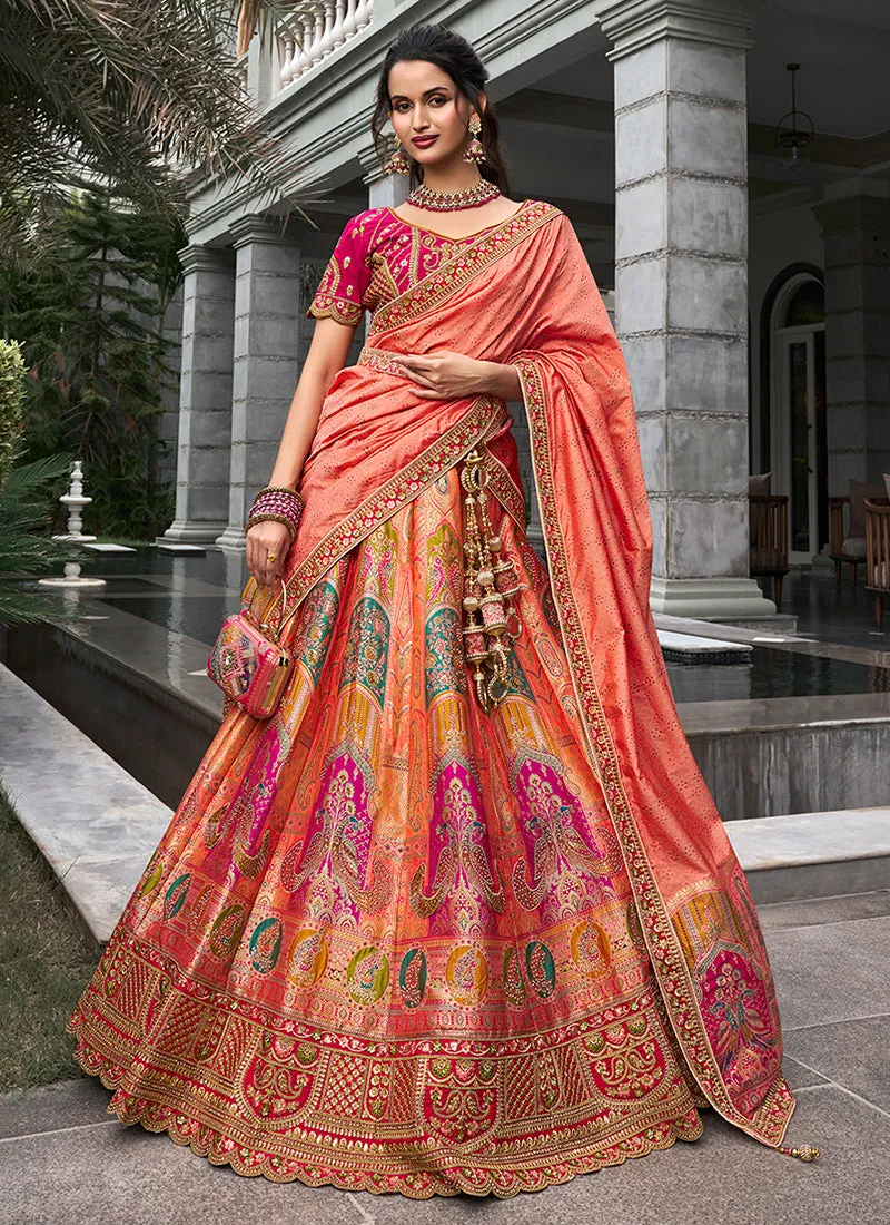 Peach And Pink Embroidered Bridal Lehenga Choli