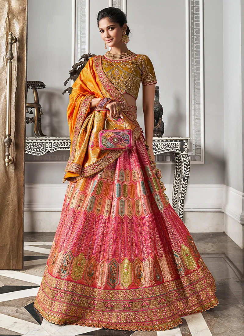 Peach And Yellow Embroidered Bridal Lehenga Choli