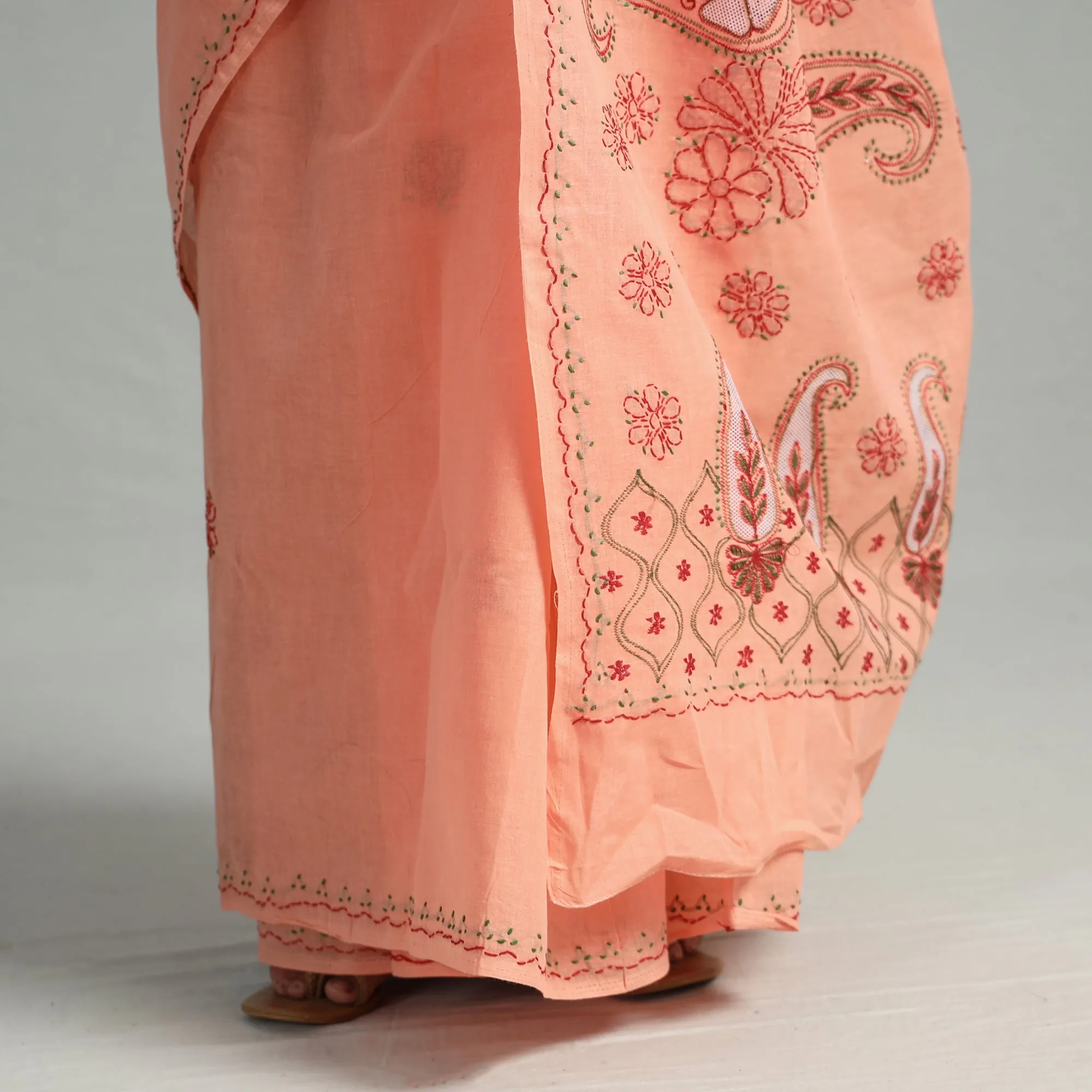 Peach - Lucknow Chikankari Hand Embroidery Cotton Saree 56