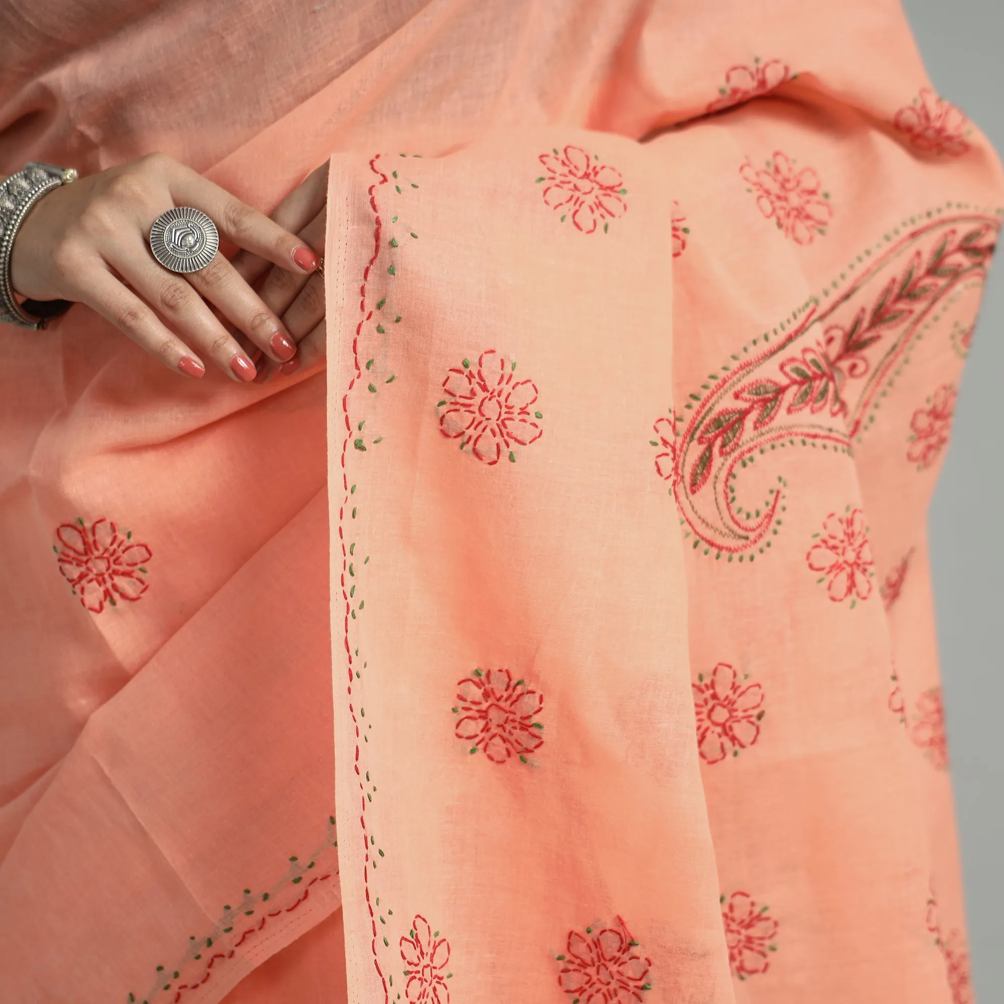 Peach - Lucknow Chikankari Hand Embroidery Cotton Saree 56