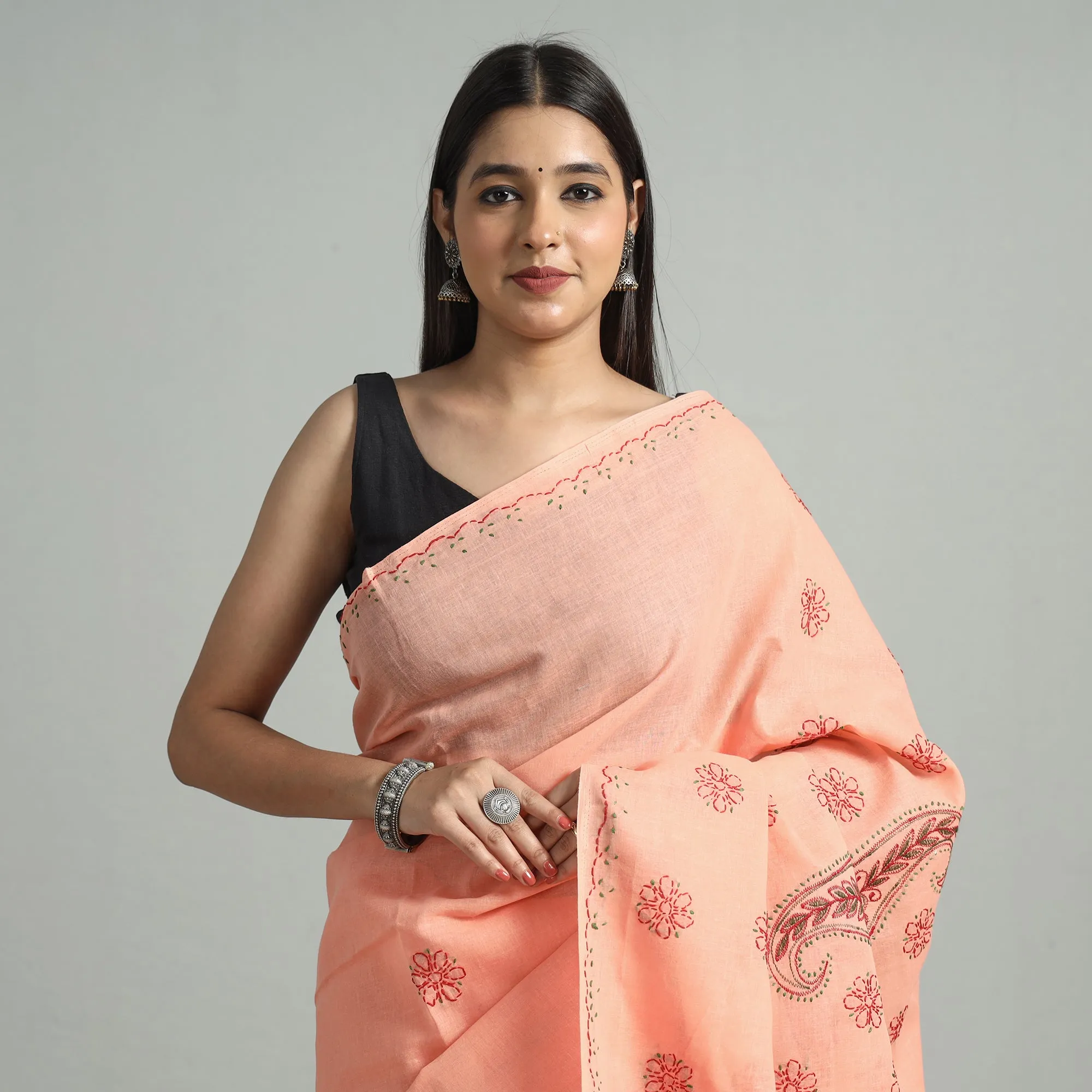 Peach - Lucknow Chikankari Hand Embroidery Cotton Saree 56