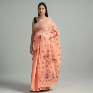 Peach - Lucknow Chikankari Hand Embroidery Cotton Saree 56