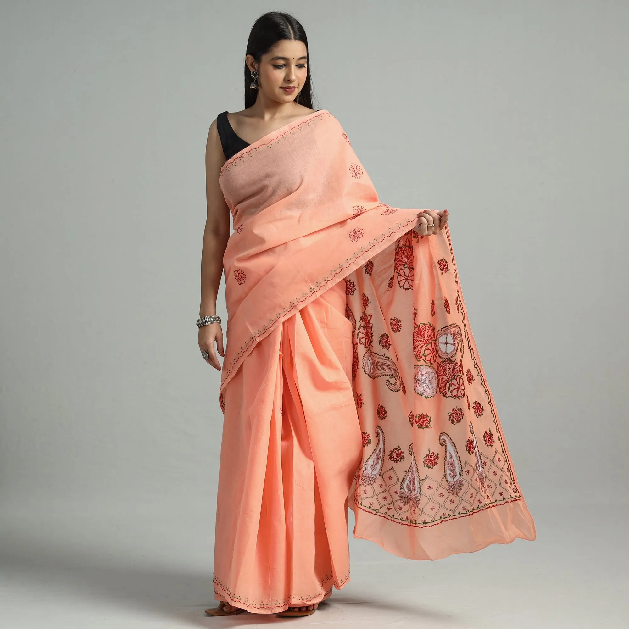 Peach - Lucknow Chikankari Hand Embroidery Cotton Saree 56