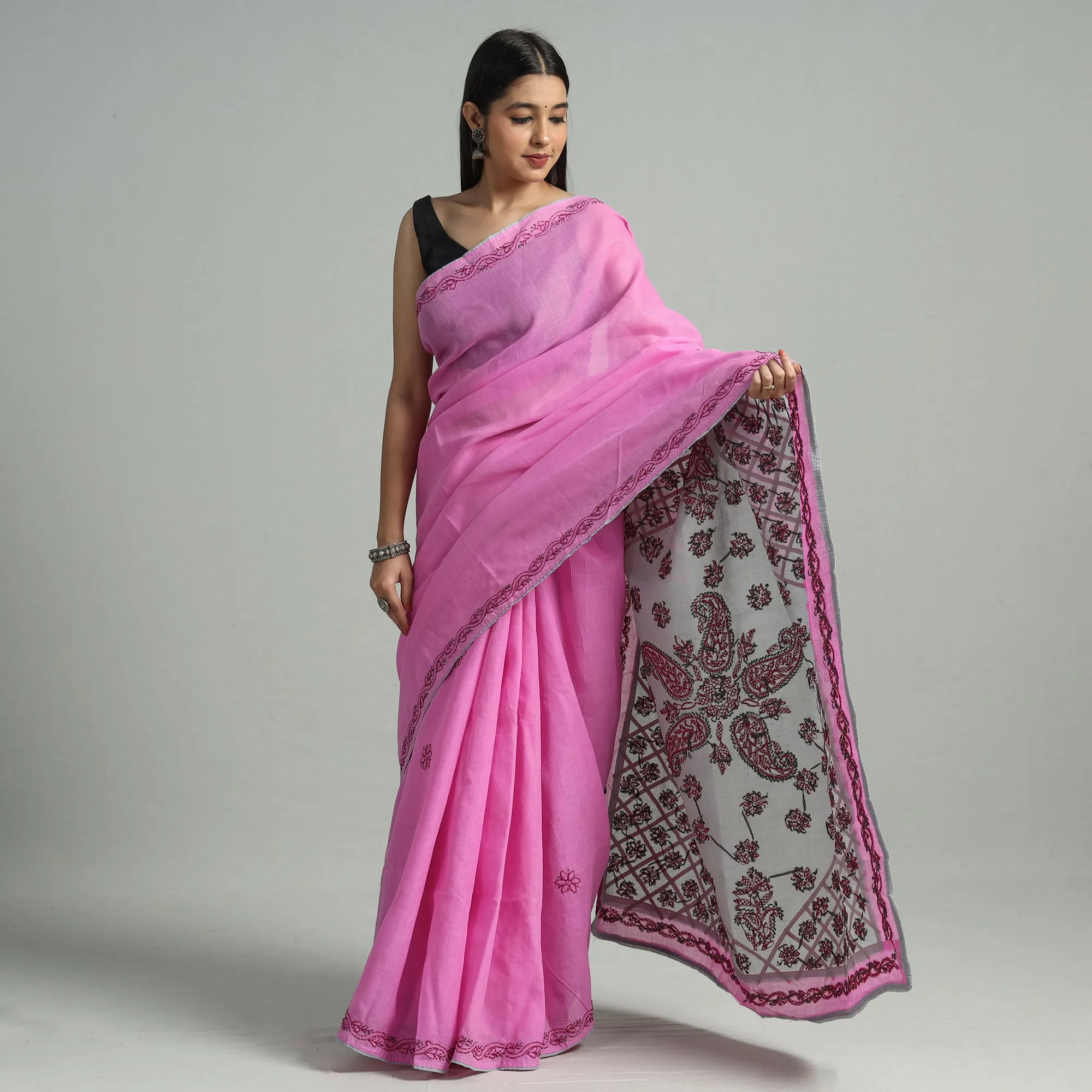 Pink - Lucknow Chikankari Hand Embroidery Pure Cotton Saree 48