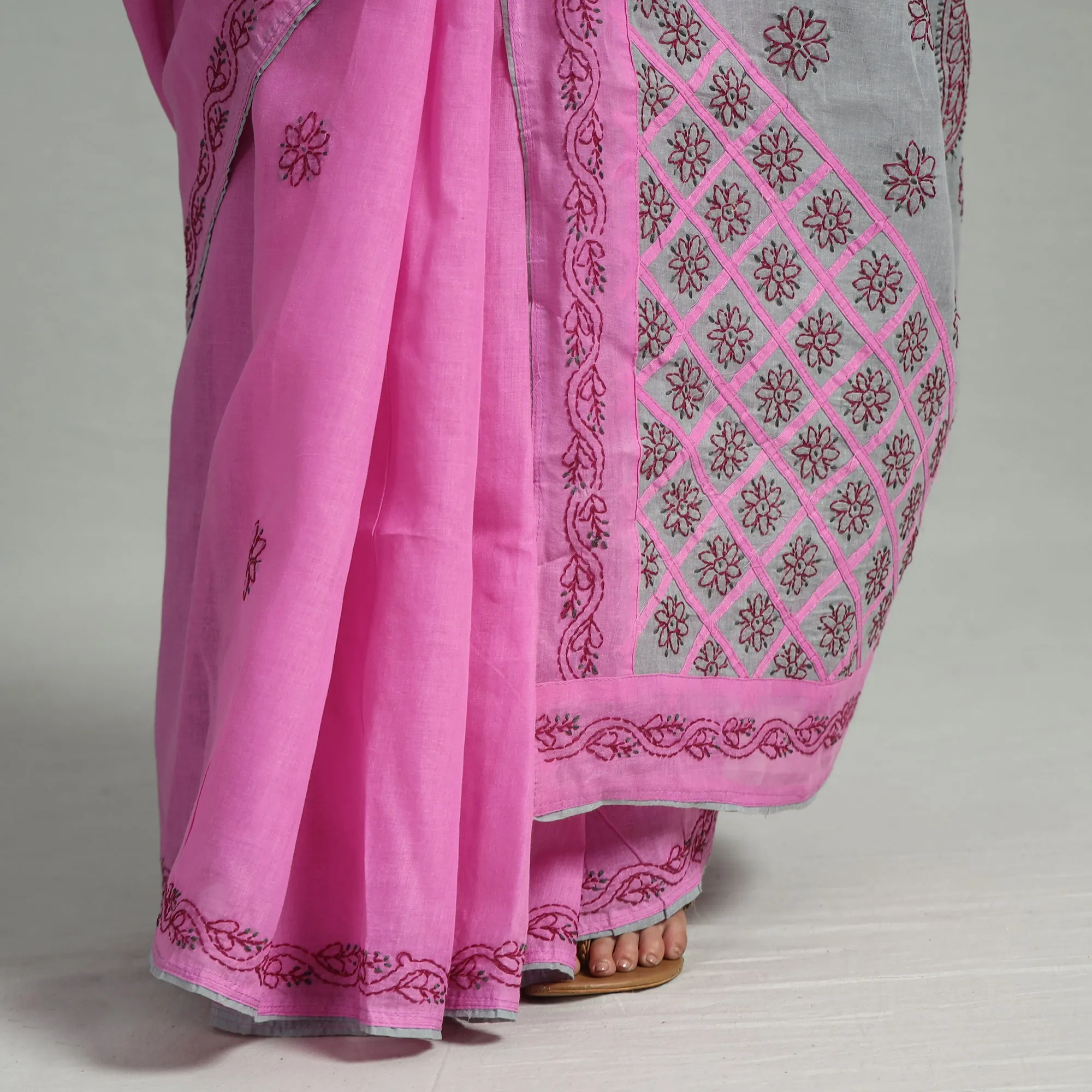 Pink - Lucknow Chikankari Hand Embroidery Pure Cotton Saree 48