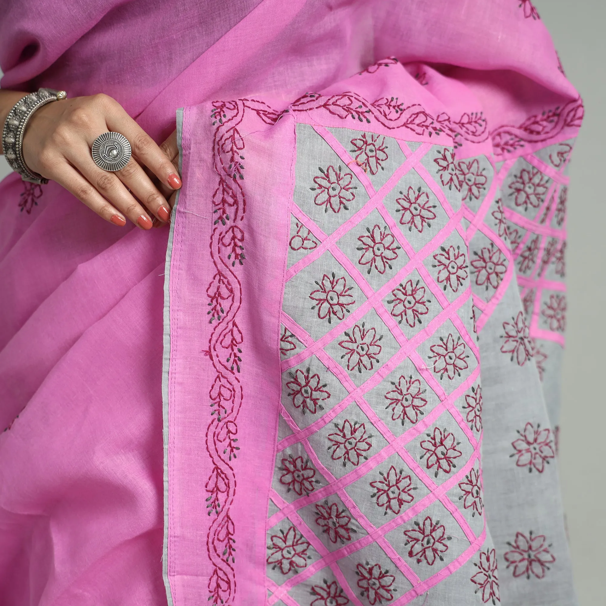 Pink - Lucknow Chikankari Hand Embroidery Pure Cotton Saree 48