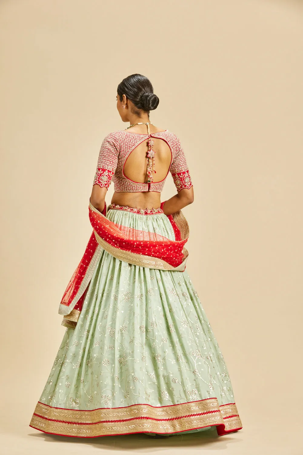 Pista Green Lehenga With Red Choli And Dupatta