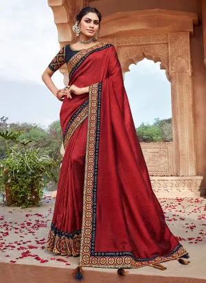 Red And Black Multi Embroidered Saree