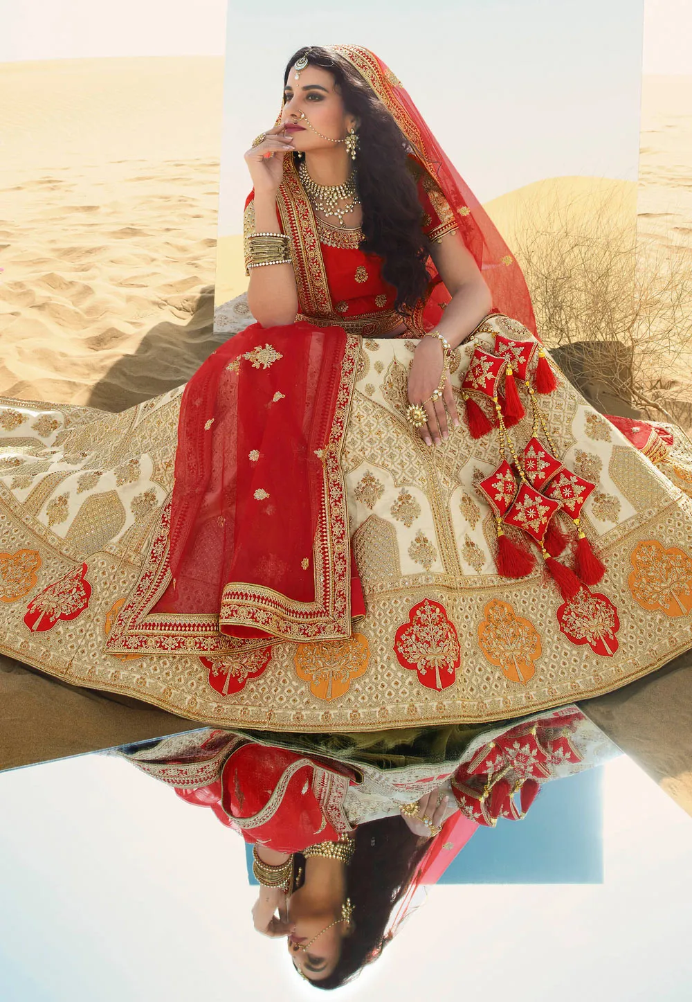 Red And Cream Embroidered Wedding Lehenga Choli