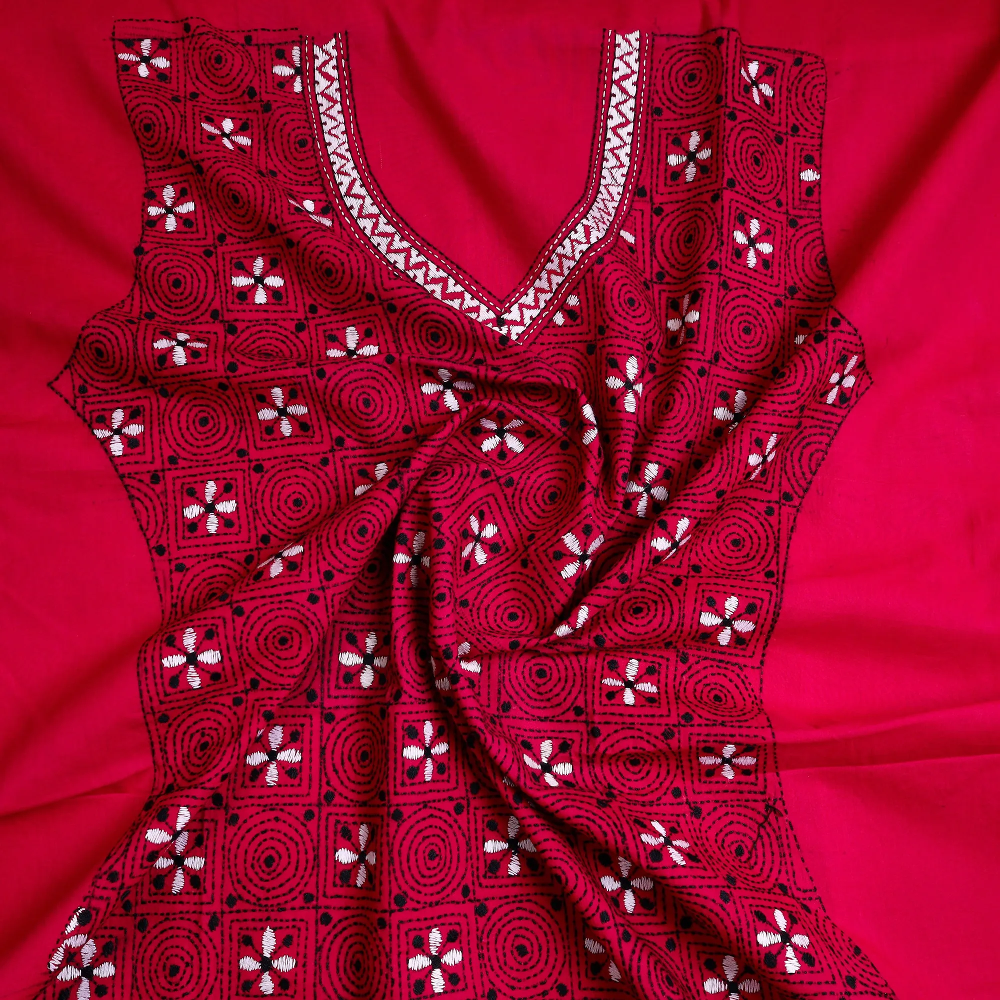 Red - Bengal Kantha Embroidery Cotton Kurta Material - (2.75m) 33