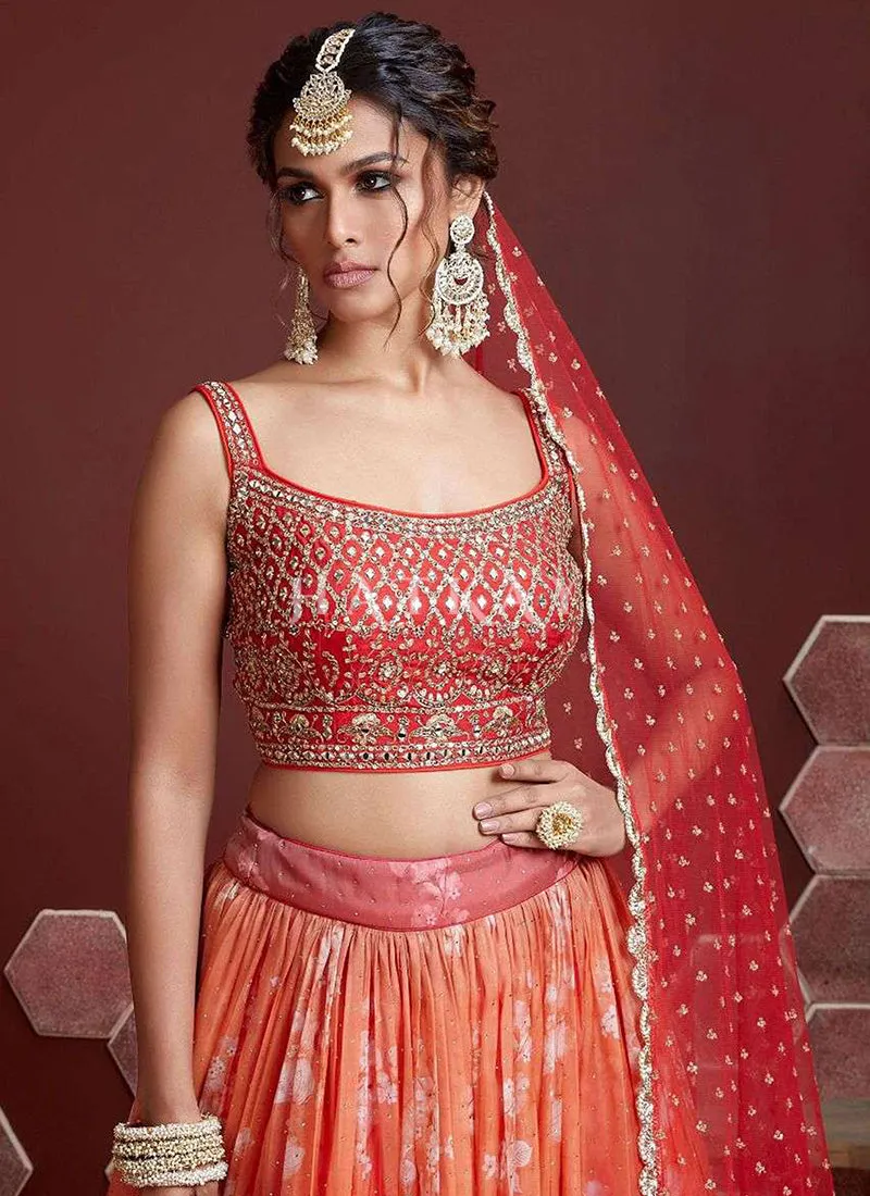 Red Orange Embroidered Shaded Wedding Lehenga Choli