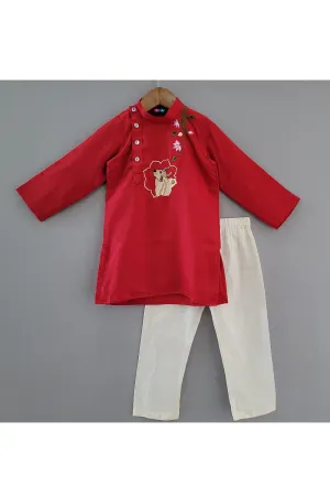 Red Pichwai Embroidered Kurta With Pyjama Set