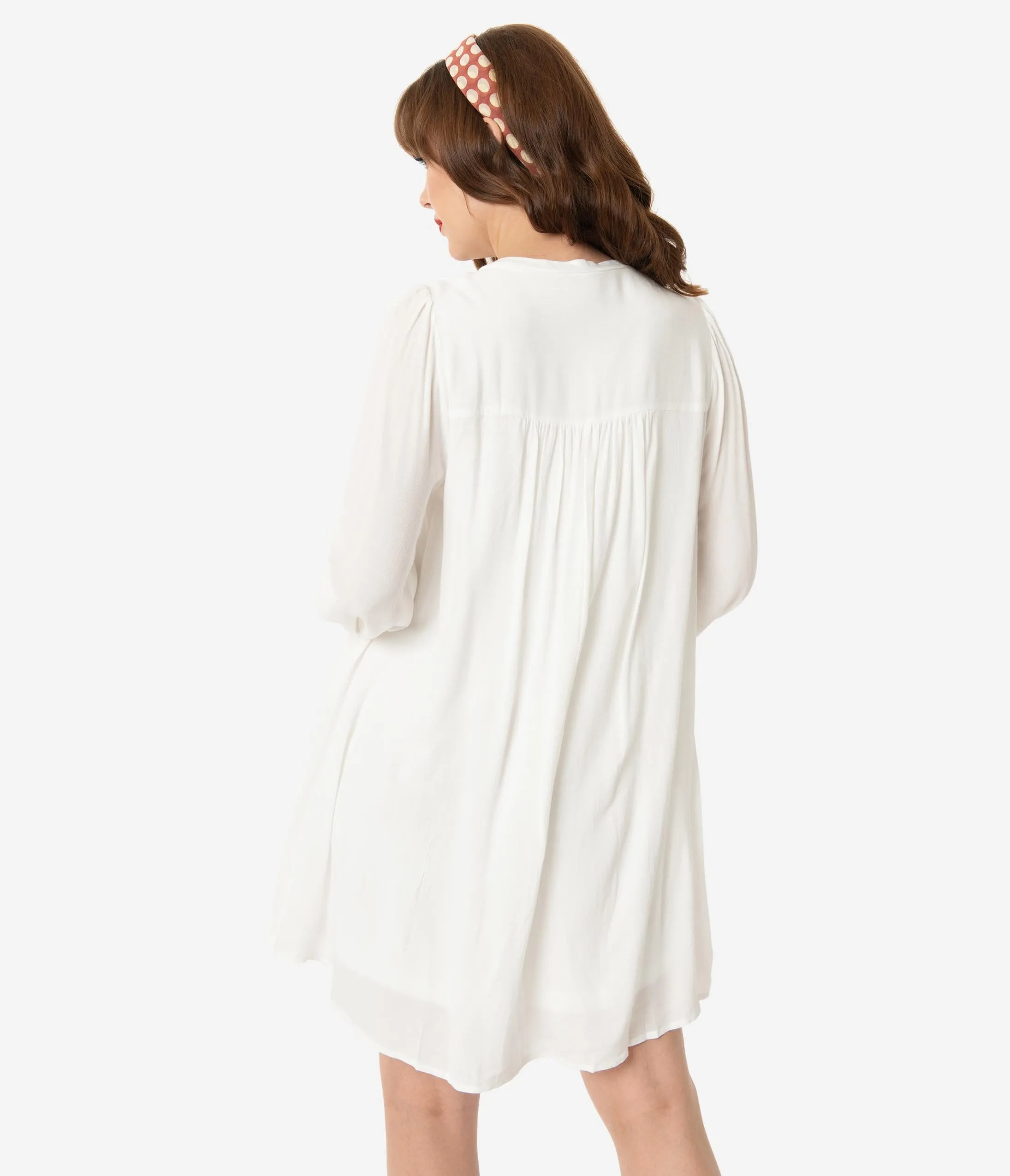 Retro Style Off White Floral Embroidered Tunic Dress