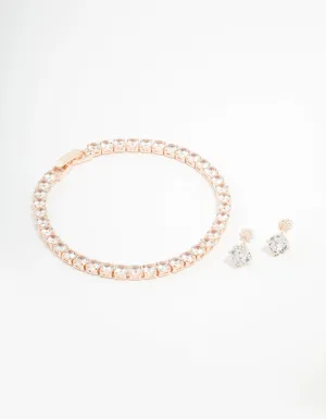 Rose Gold Round Tennis Bracelet & Earring Set