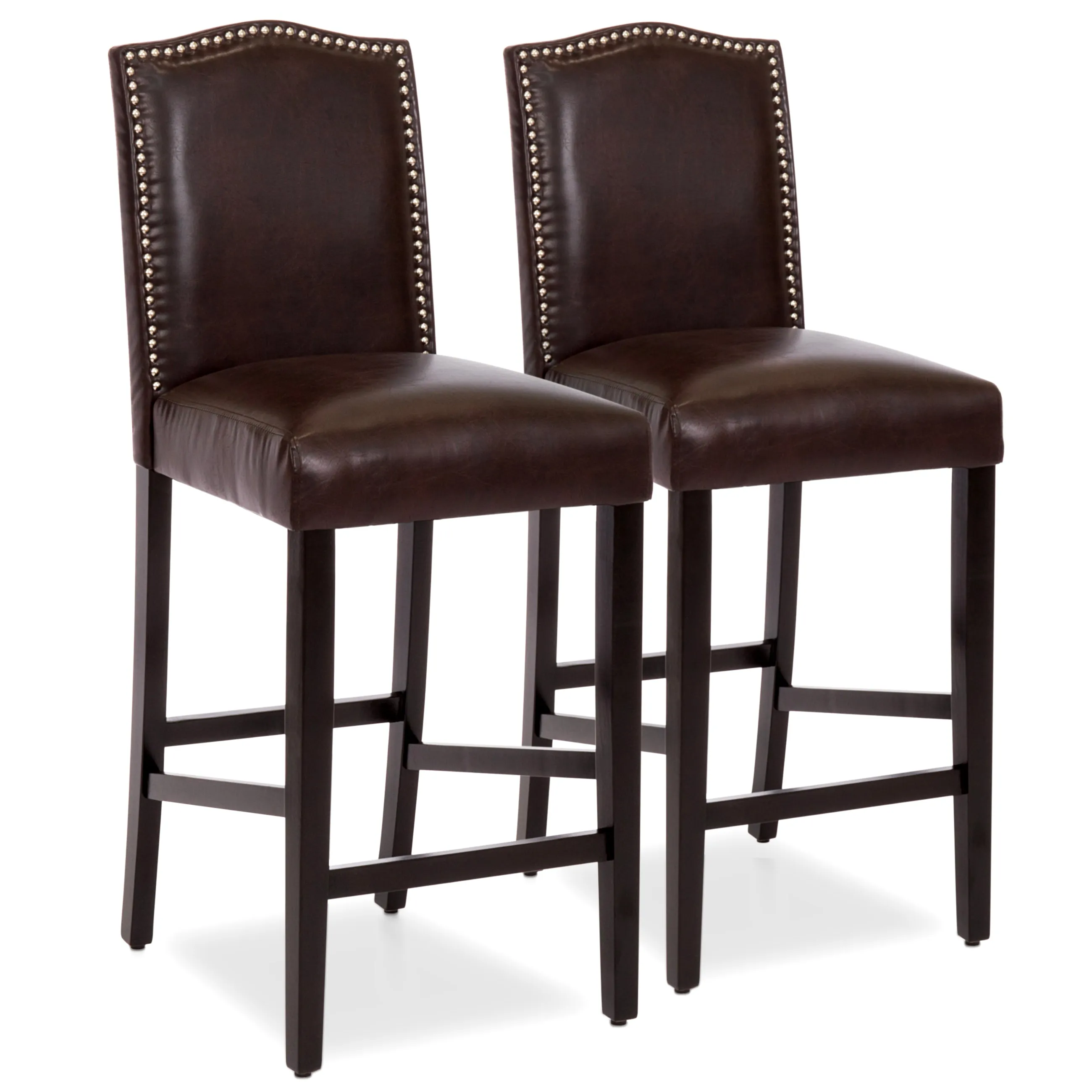 Set of 2 30in Faux Leather Counter Height Bar Stools w/ Studded Trim Back