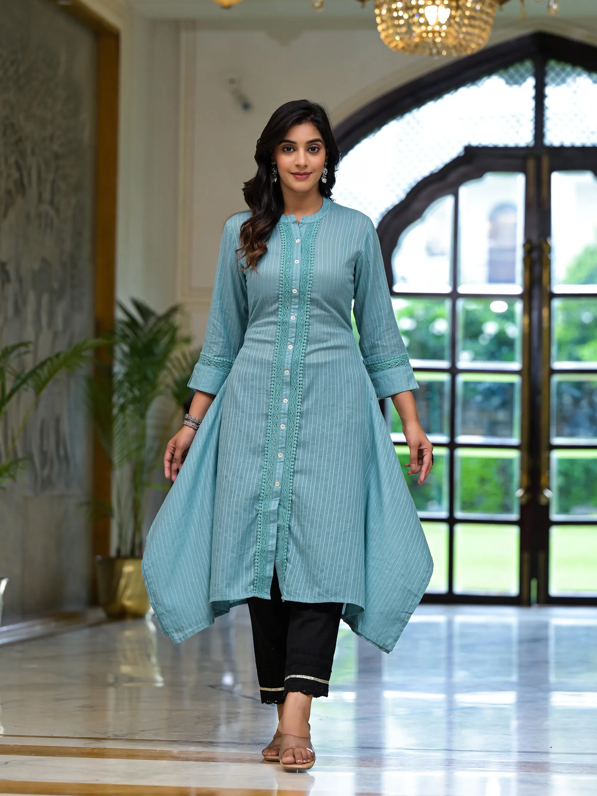 Sky Blue Thread Embroidered Cotton Asymmetrical Kurta With Button Closure