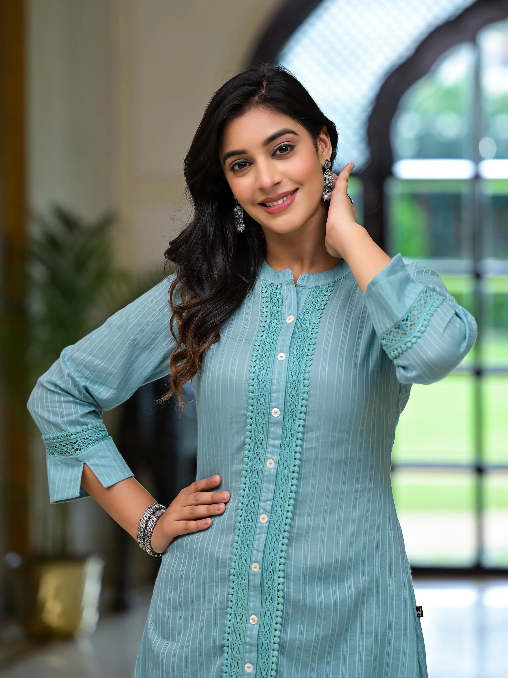 Sky Blue Thread Embroidered Cotton Asymmetrical Kurta With Button Closure