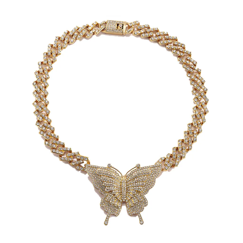 Sparkly Rhinestone Embellished Butterfly Charm Statement Necklace - Gold