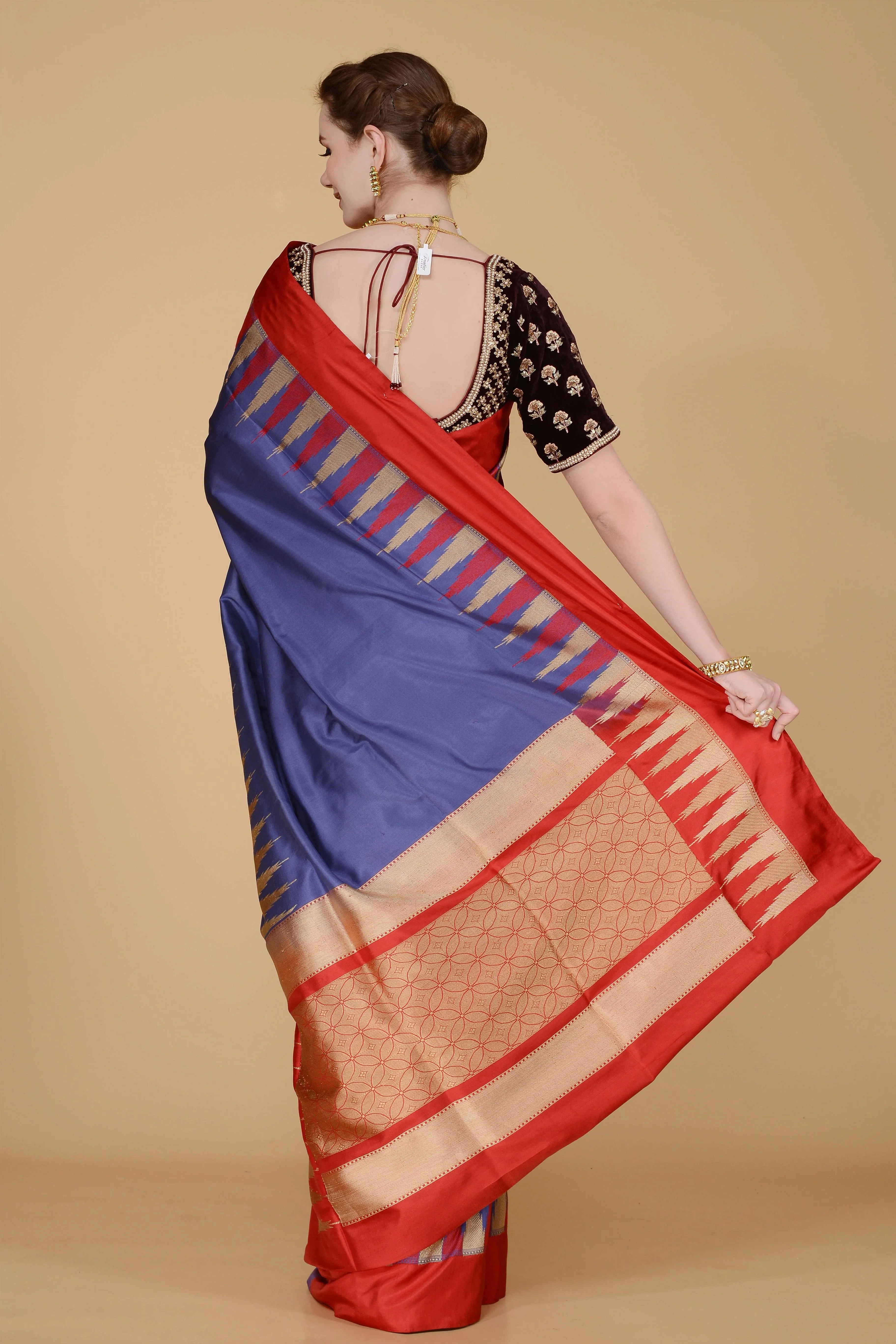 Steel Blue with Red and Golden Border Banarasi Saree