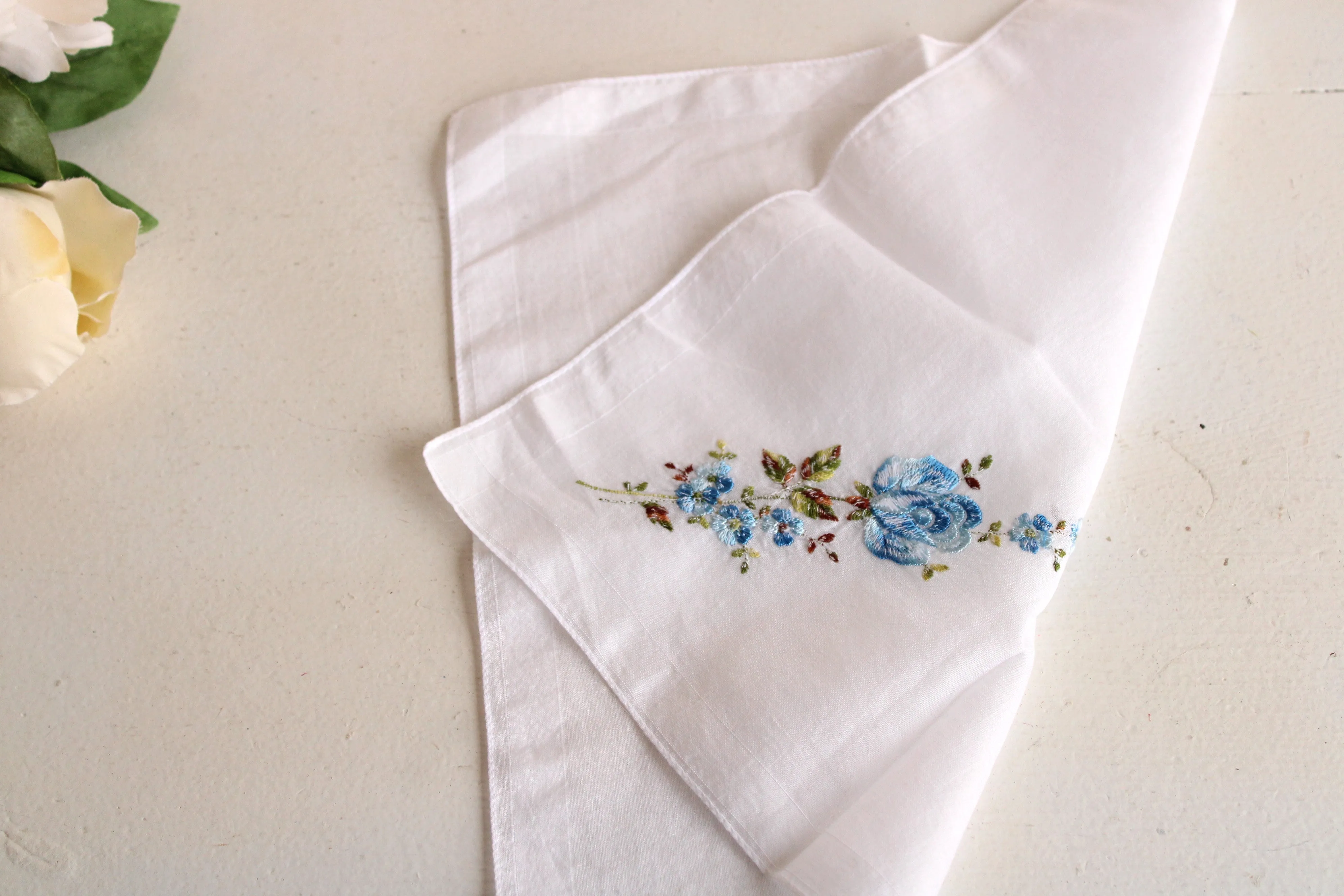 Vintage Blue Rose and Flowers Embroidered Handkerchief