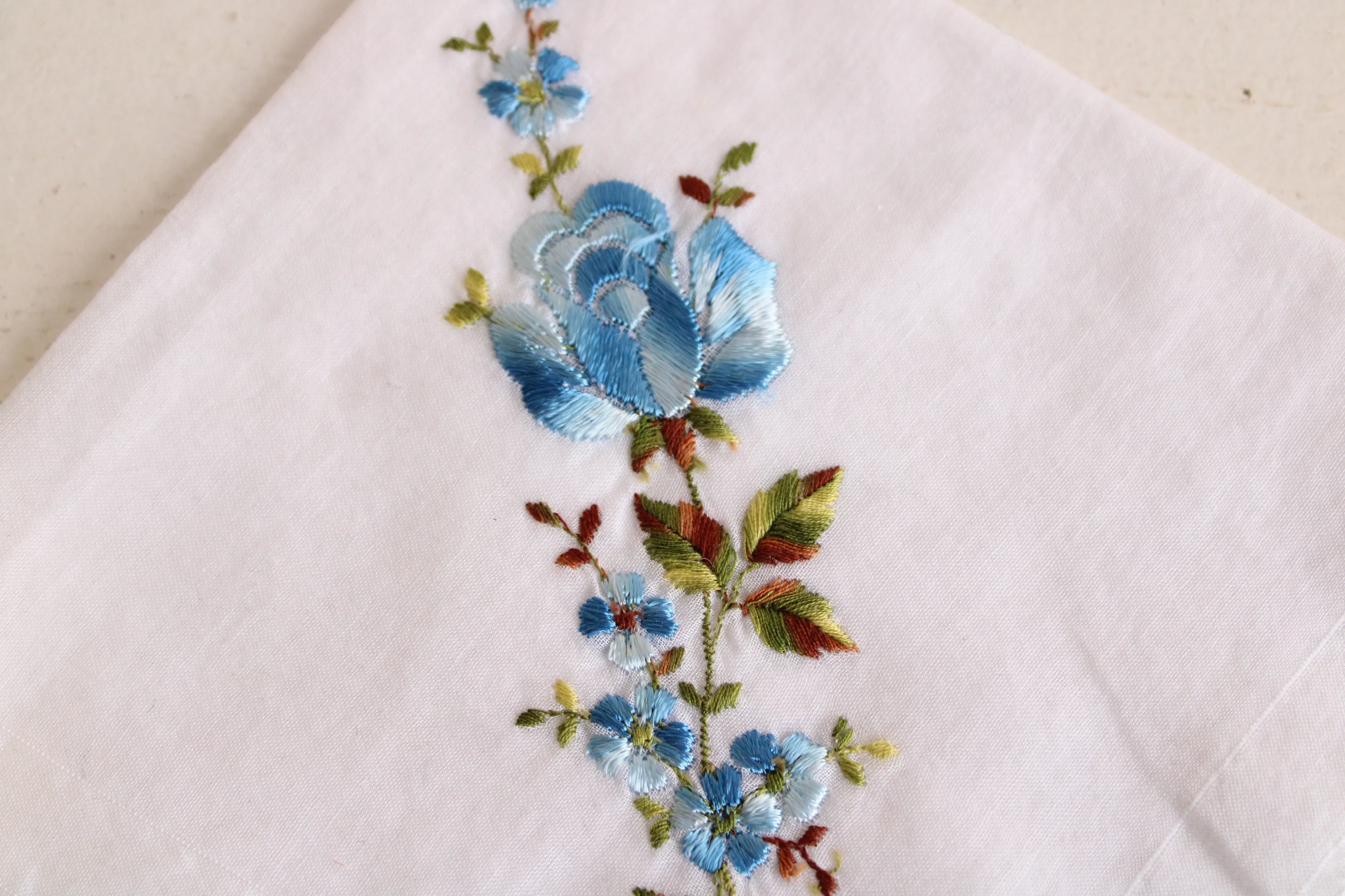 Vintage Blue Rose and Flowers Embroidered Handkerchief