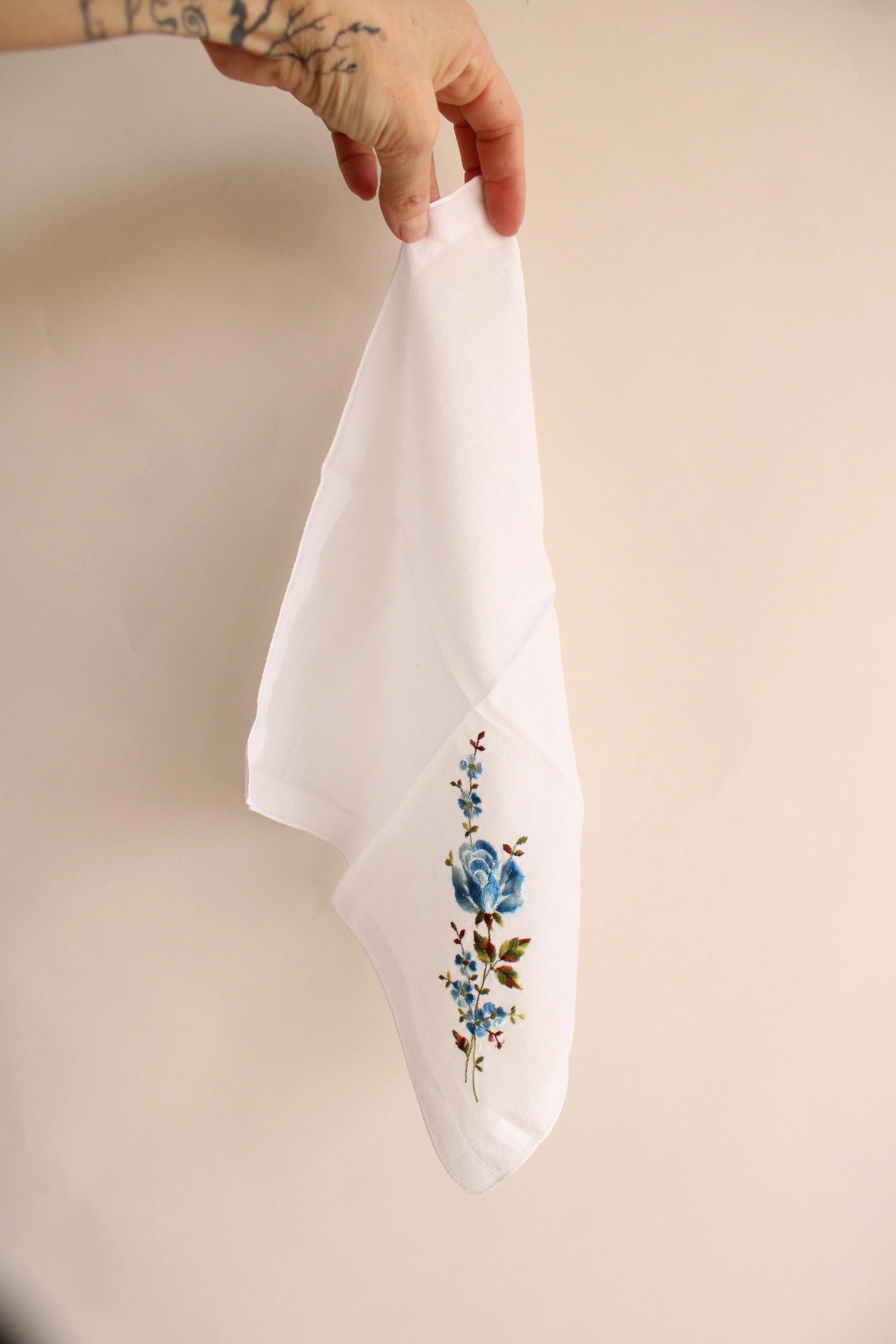 Vintage Blue Rose and Flowers Embroidered Handkerchief