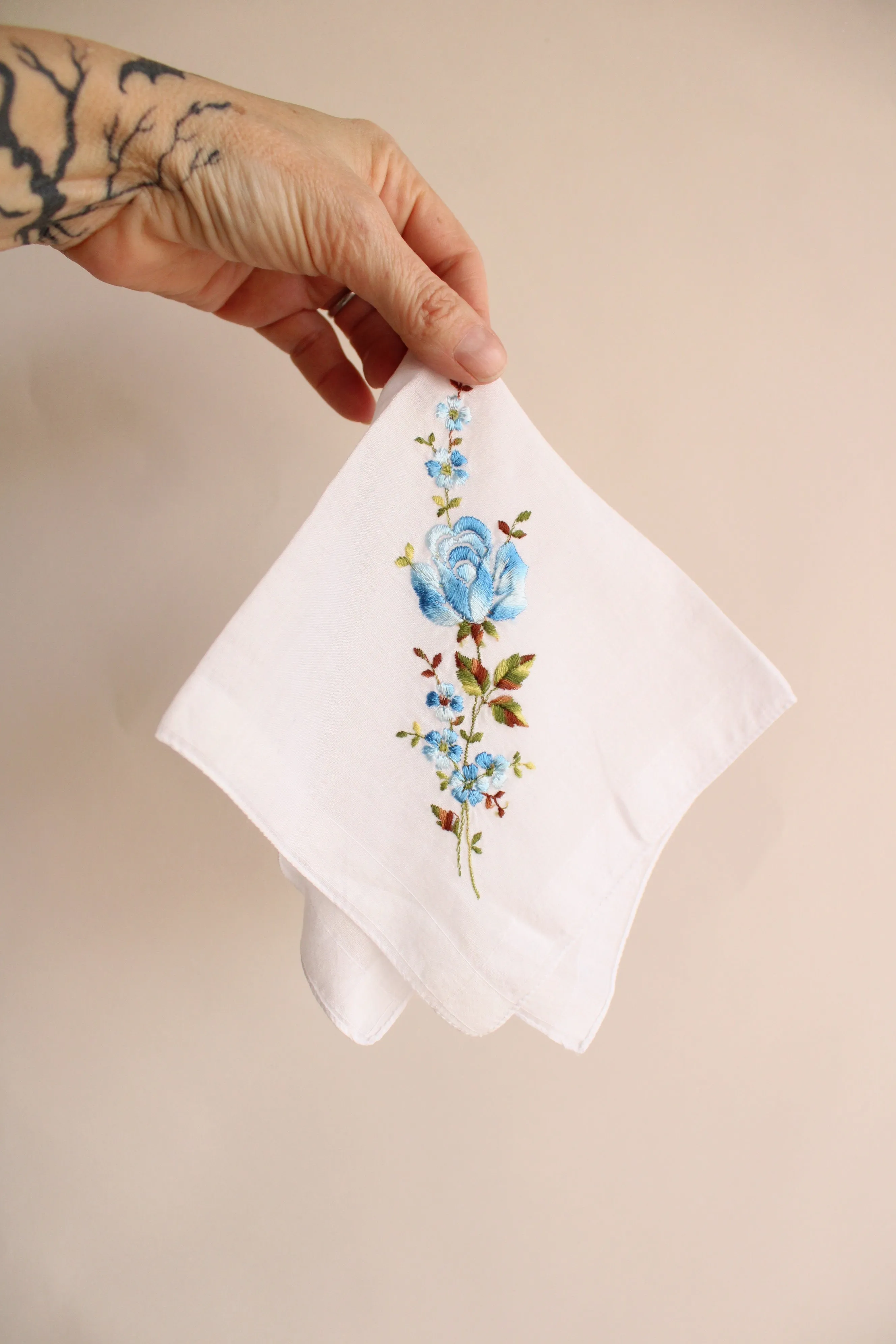 Vintage Blue Rose and Flowers Embroidered Handkerchief