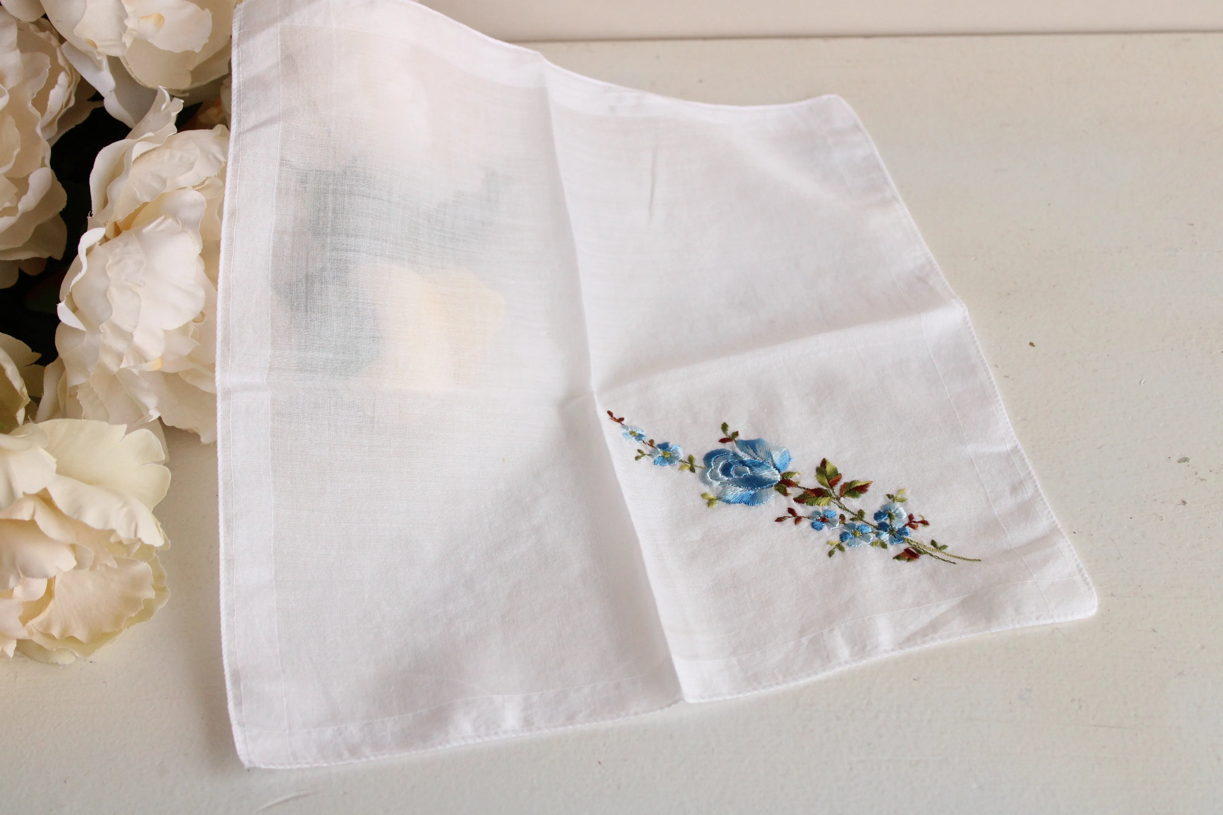 Vintage Blue Rose and Flowers Embroidered Handkerchief