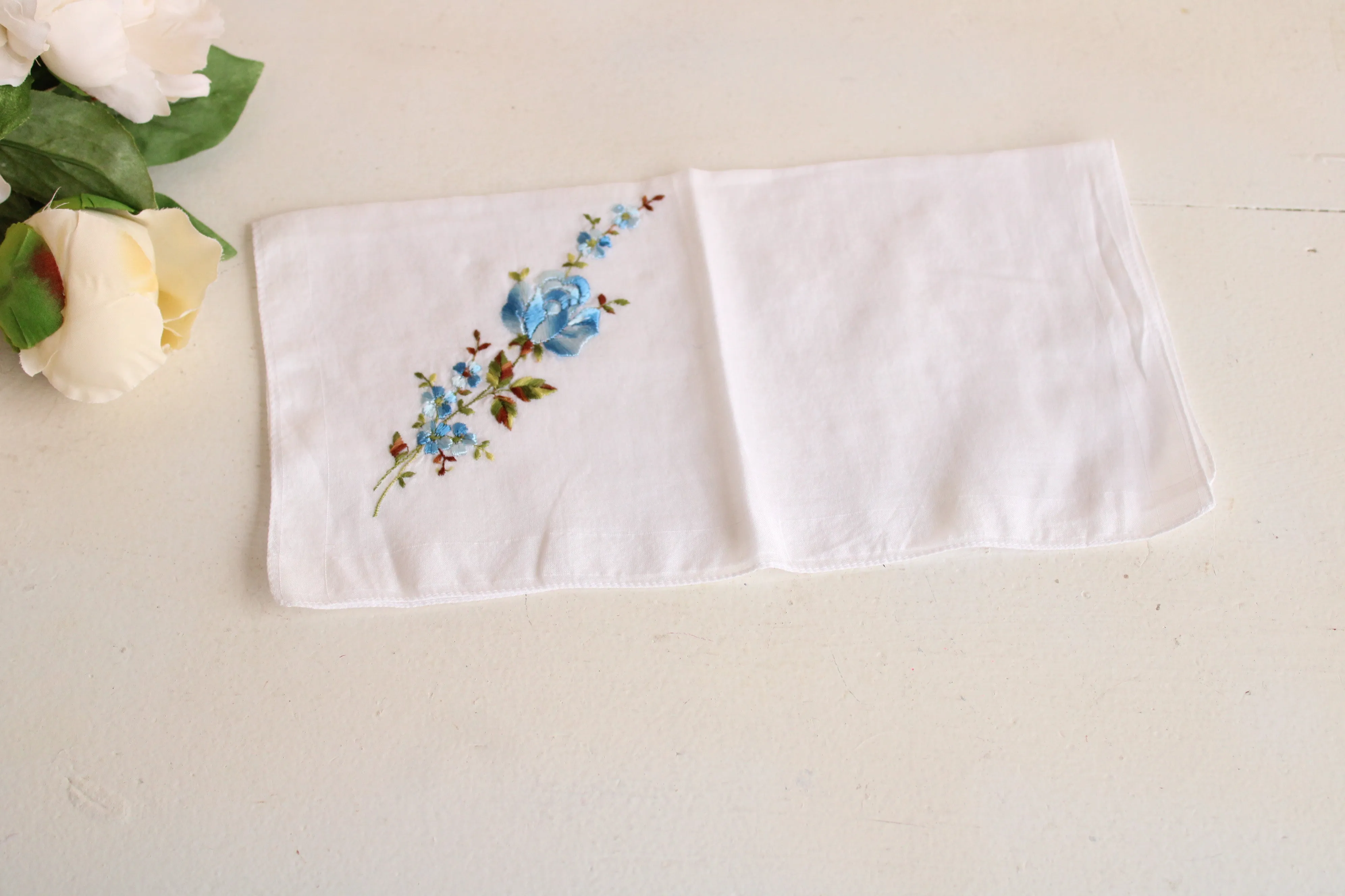 Vintage Blue Rose and Flowers Embroidered Handkerchief