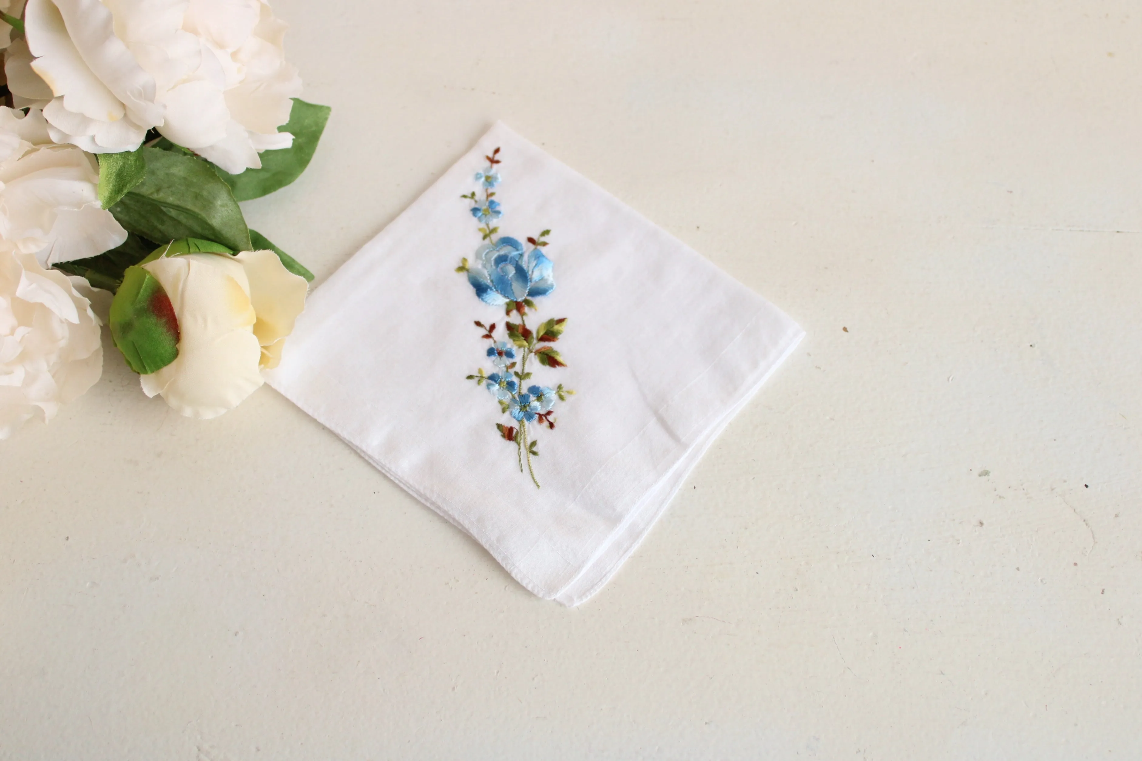 Vintage Blue Rose and Flowers Embroidered Handkerchief