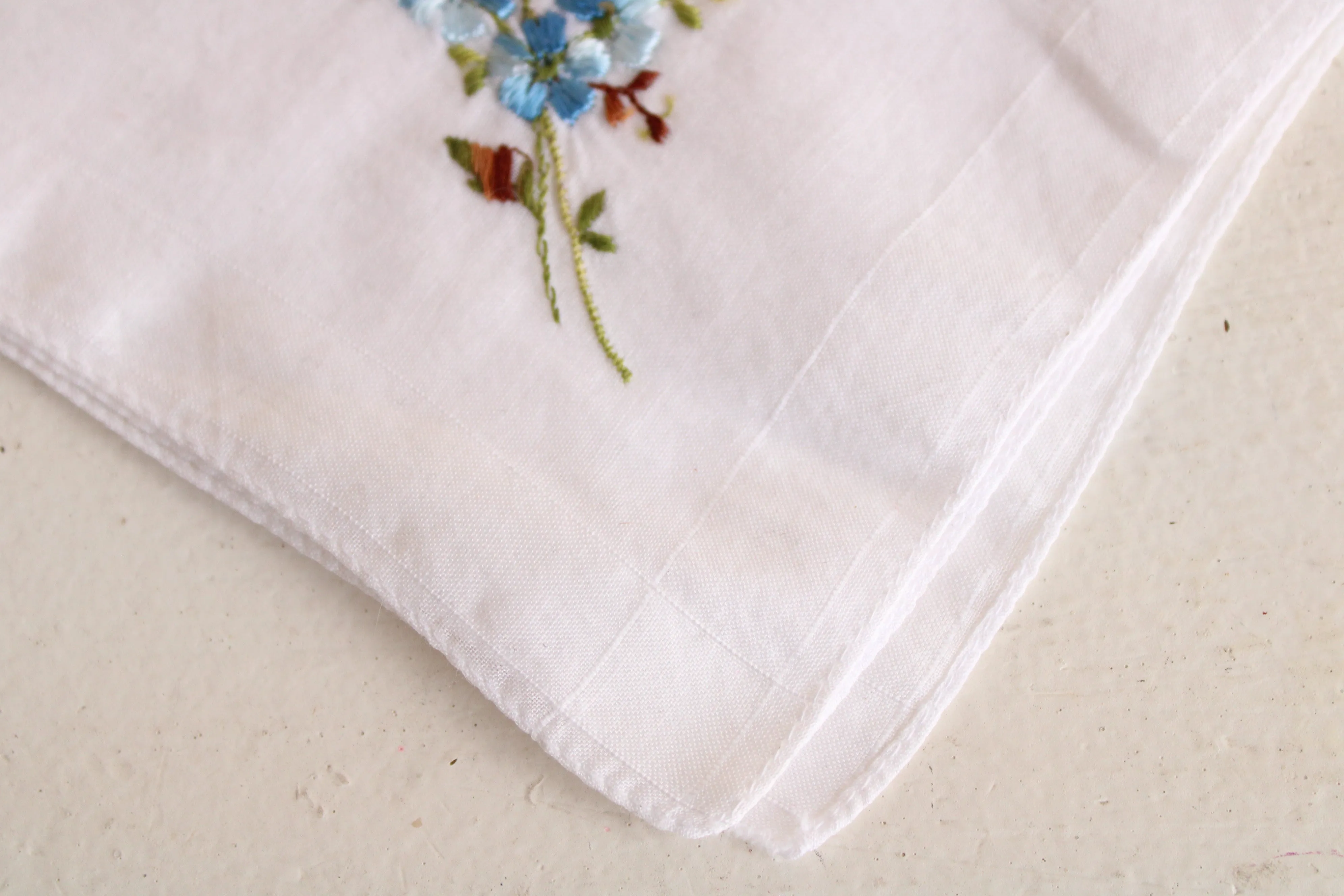 Vintage Blue Rose and Flowers Embroidered Handkerchief