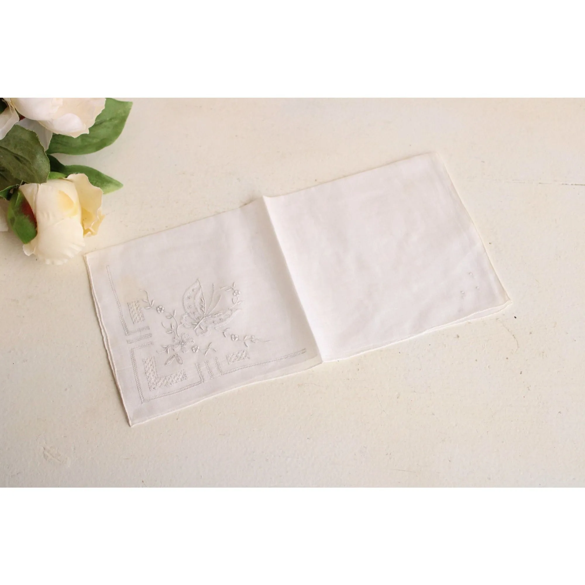 Vintage Embroidered Gray Butterfly And White Linen Handkerchief