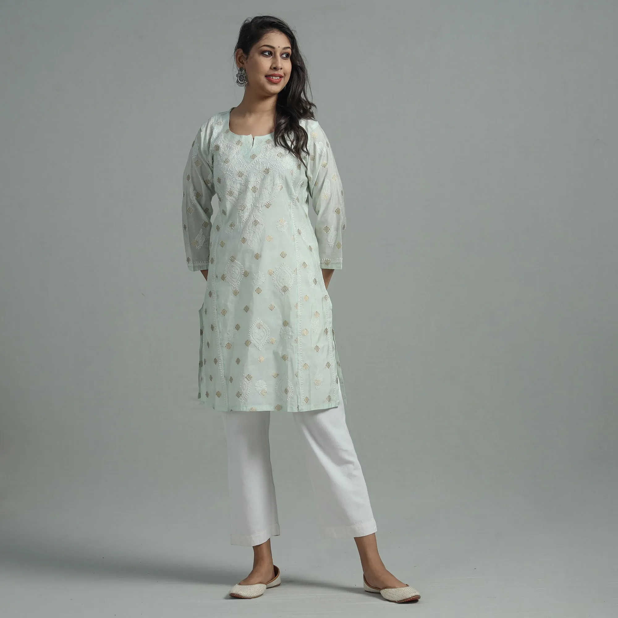 White - Chikankari Hand Embroidered Silk Cotton Kurta with Zari Work