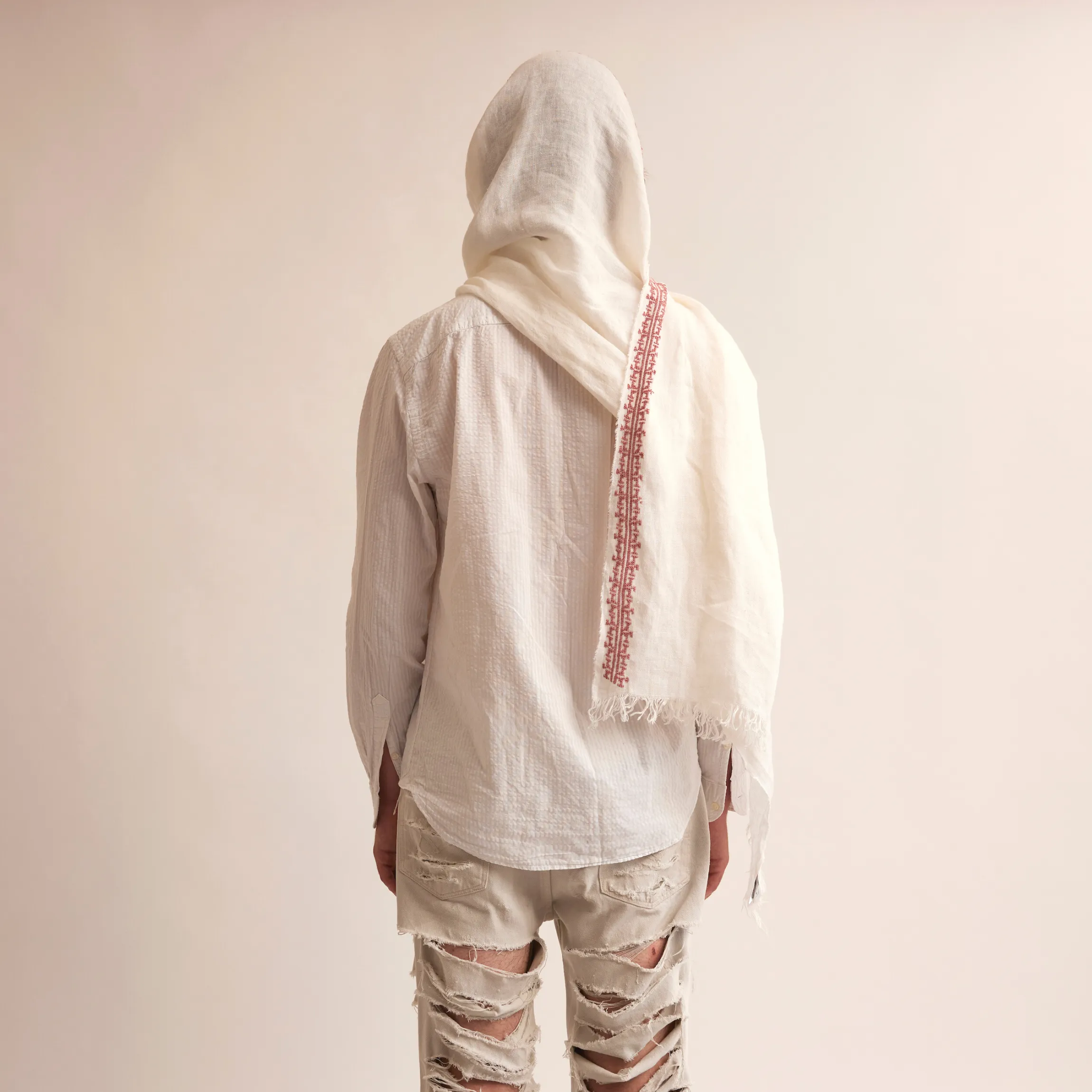 WHITE LINEN SHAWL ANTIQUE PINK IBRAHIM