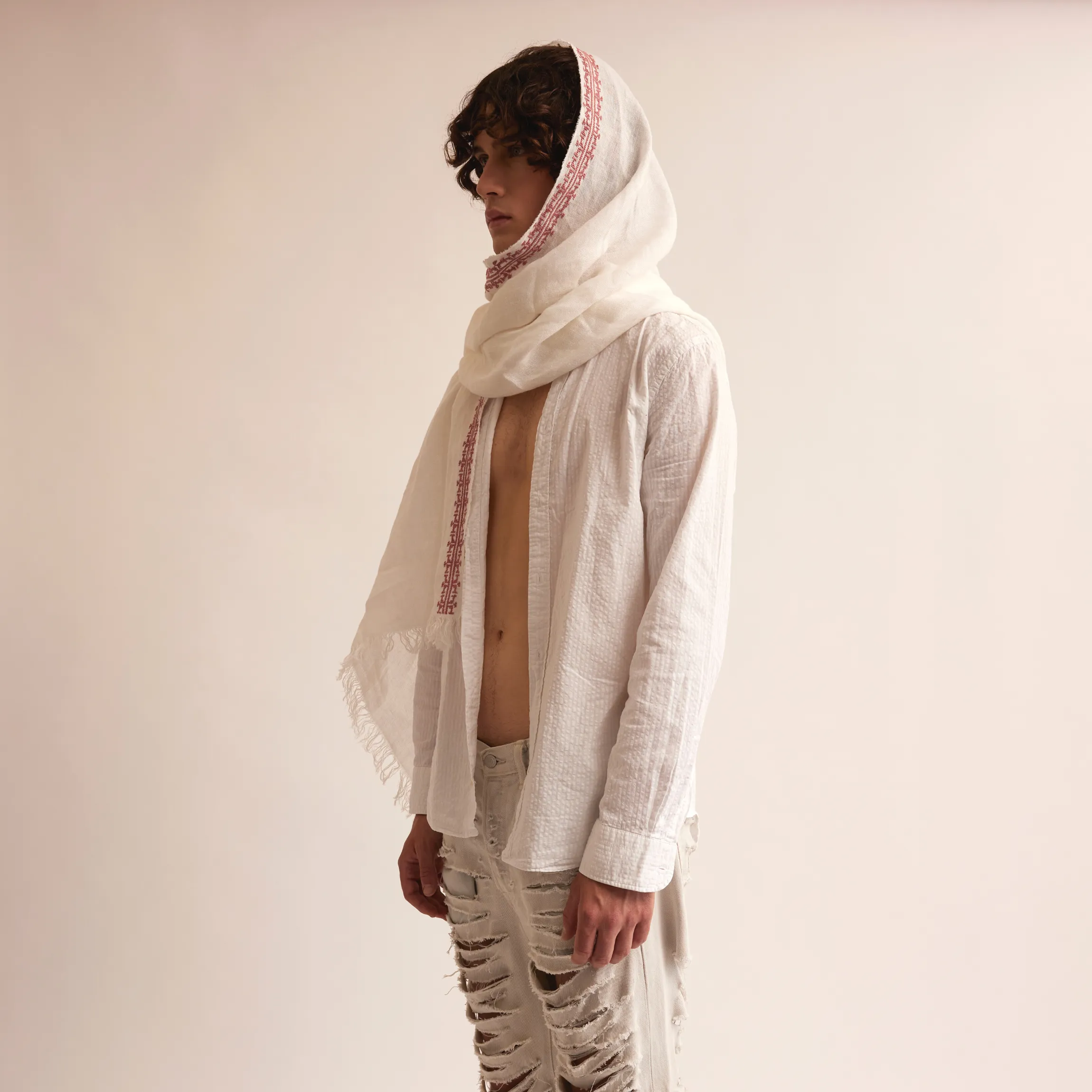 WHITE LINEN SHAWL ANTIQUE PINK IBRAHIM