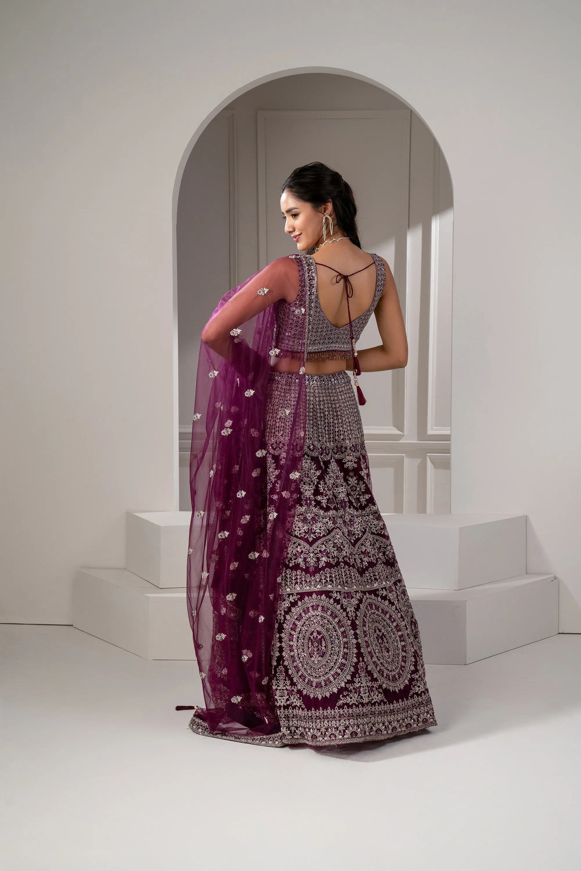 Wine Red Organza Net Sequins, Zari And Thread Embroidered Lehenga Set