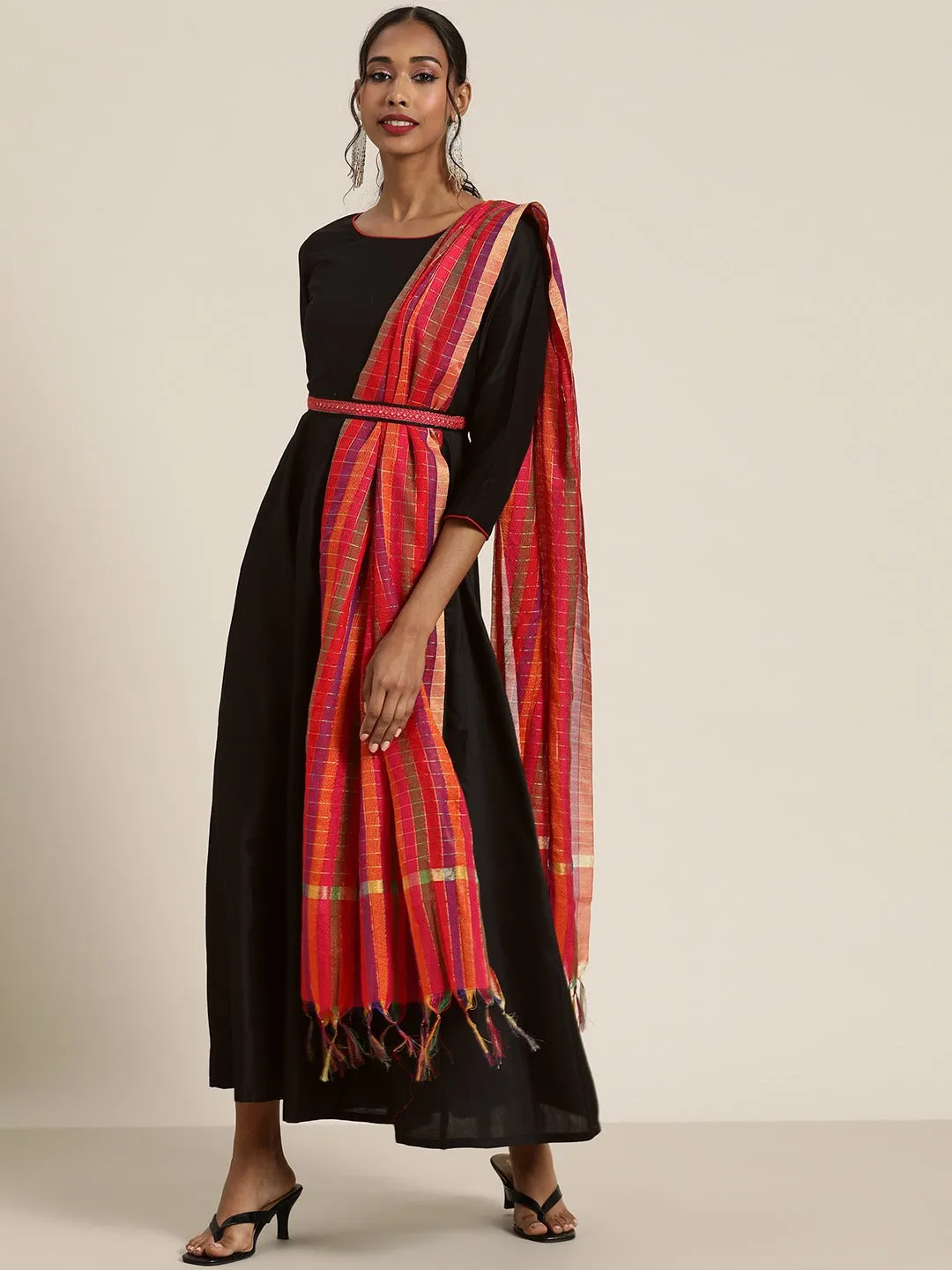 Women Black Anarkali Maxi With Red Striped Dupatta